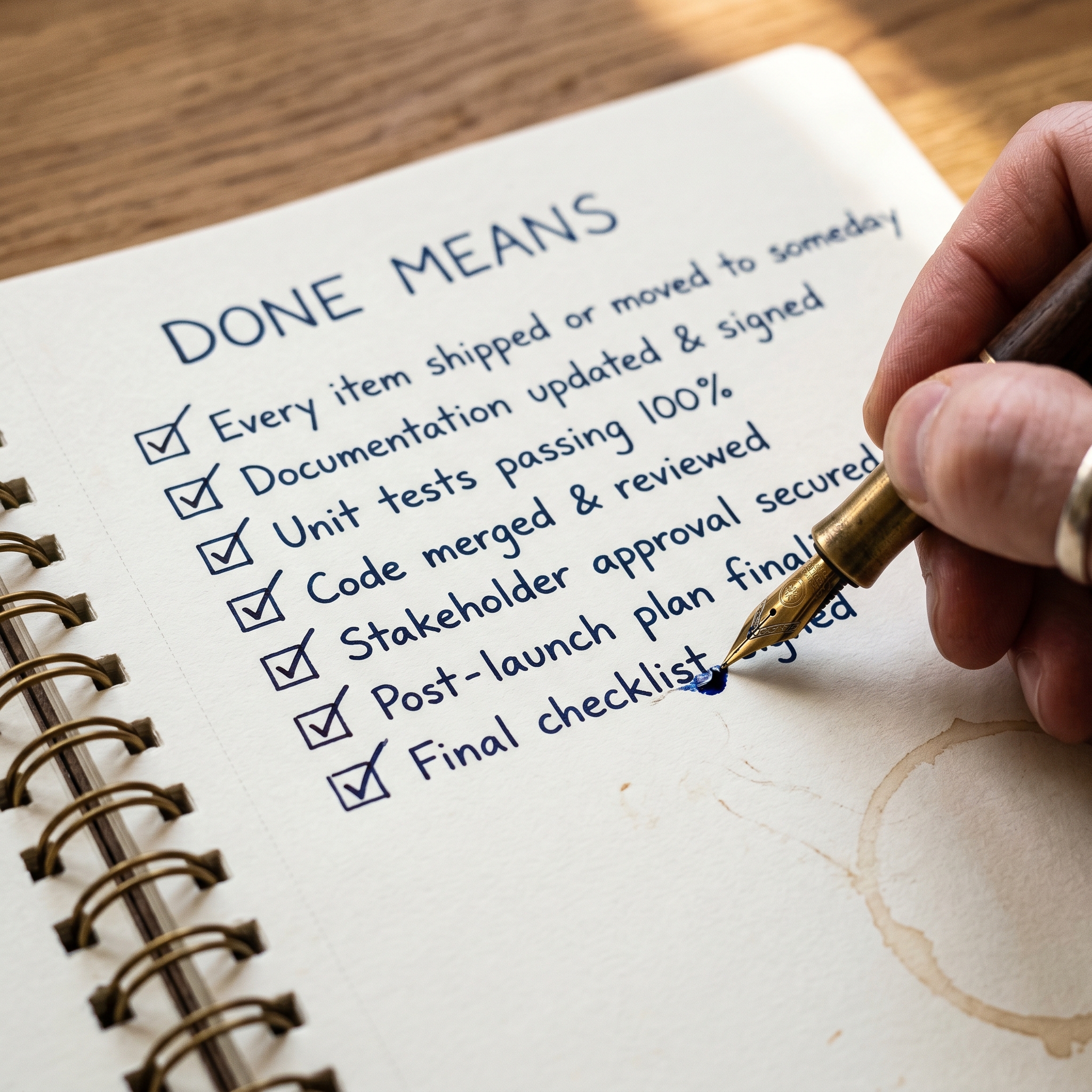 A macro close-up of a handwritten ship checklist on notebook paper, a fountain pen mid-stroke ticking the final item — the letters 'Done means' visible at the top of the page.