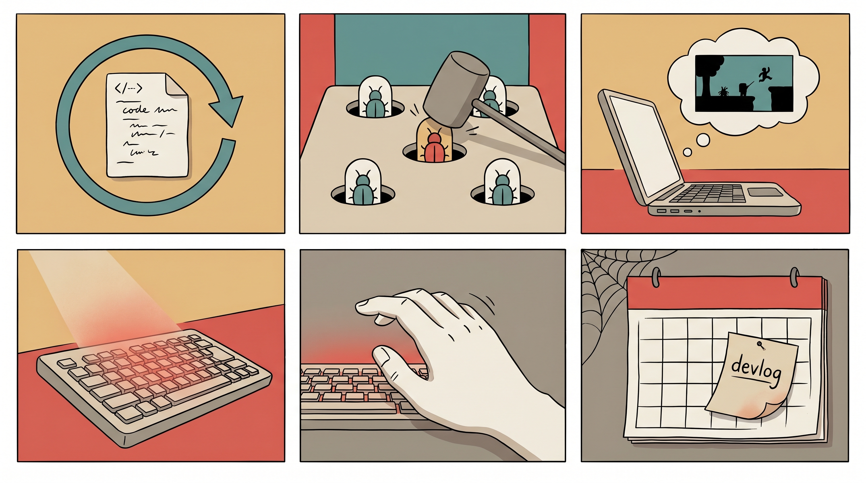 A five-panel diagnostic grid showing visual shorthand for each stall pattern: a restart arrow looping back, a whack-a-mole of bugs, a daydream bubble of a new game, a hand recoiling from a keyboard, and a dusty calendar.