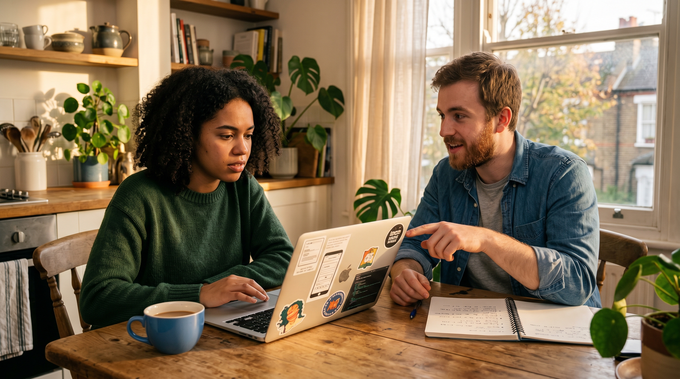 Two indie devs leaning over a laptop at a casual kitchen table, one running a Friday demo build, the other mid-sentence giving feedback — late-afternoon light through the window.