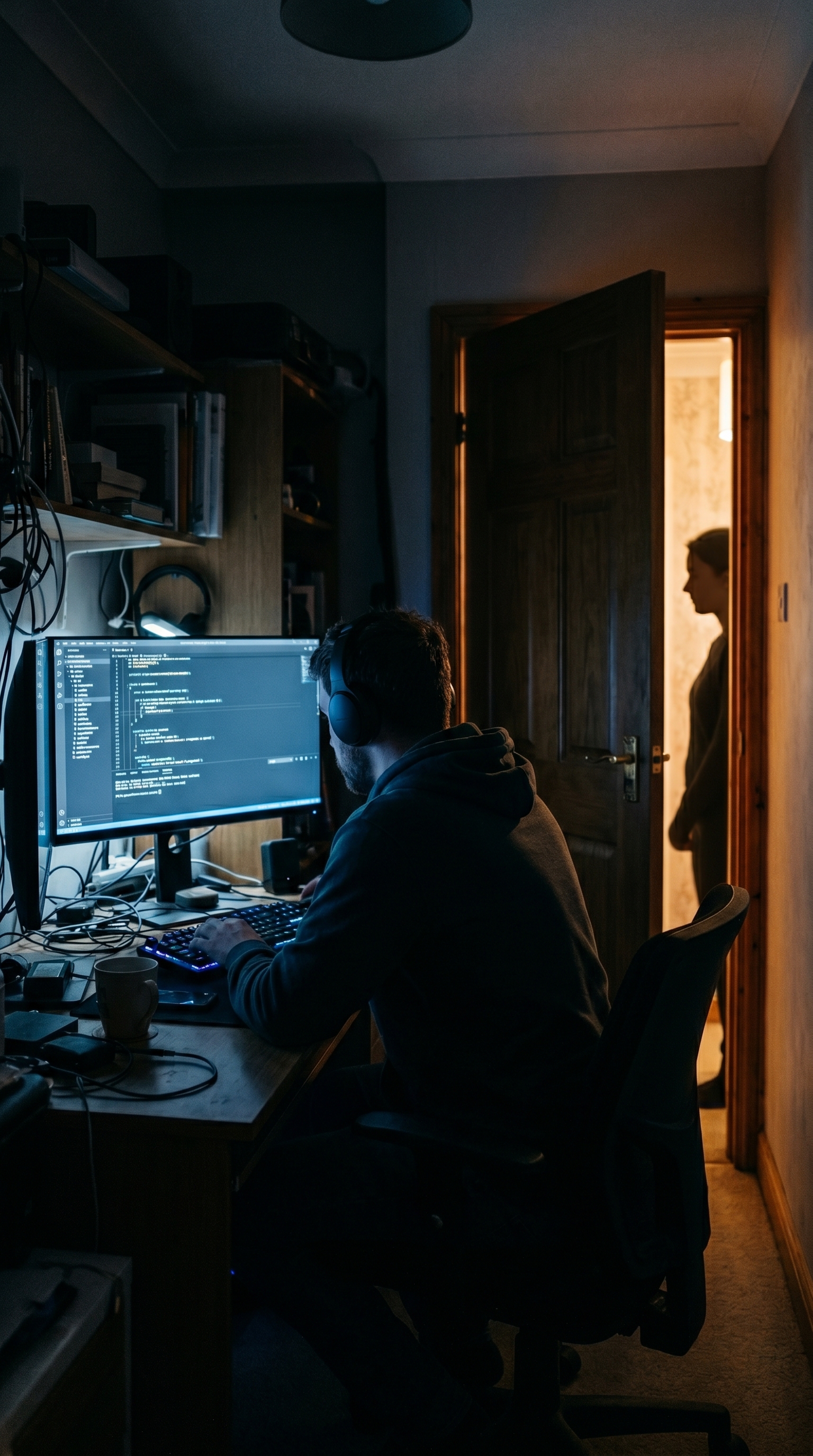 A dev silhouetted alone in a narrow room, a door cracked open behind them with warm light spilling in from another person waiting just outside the frame.