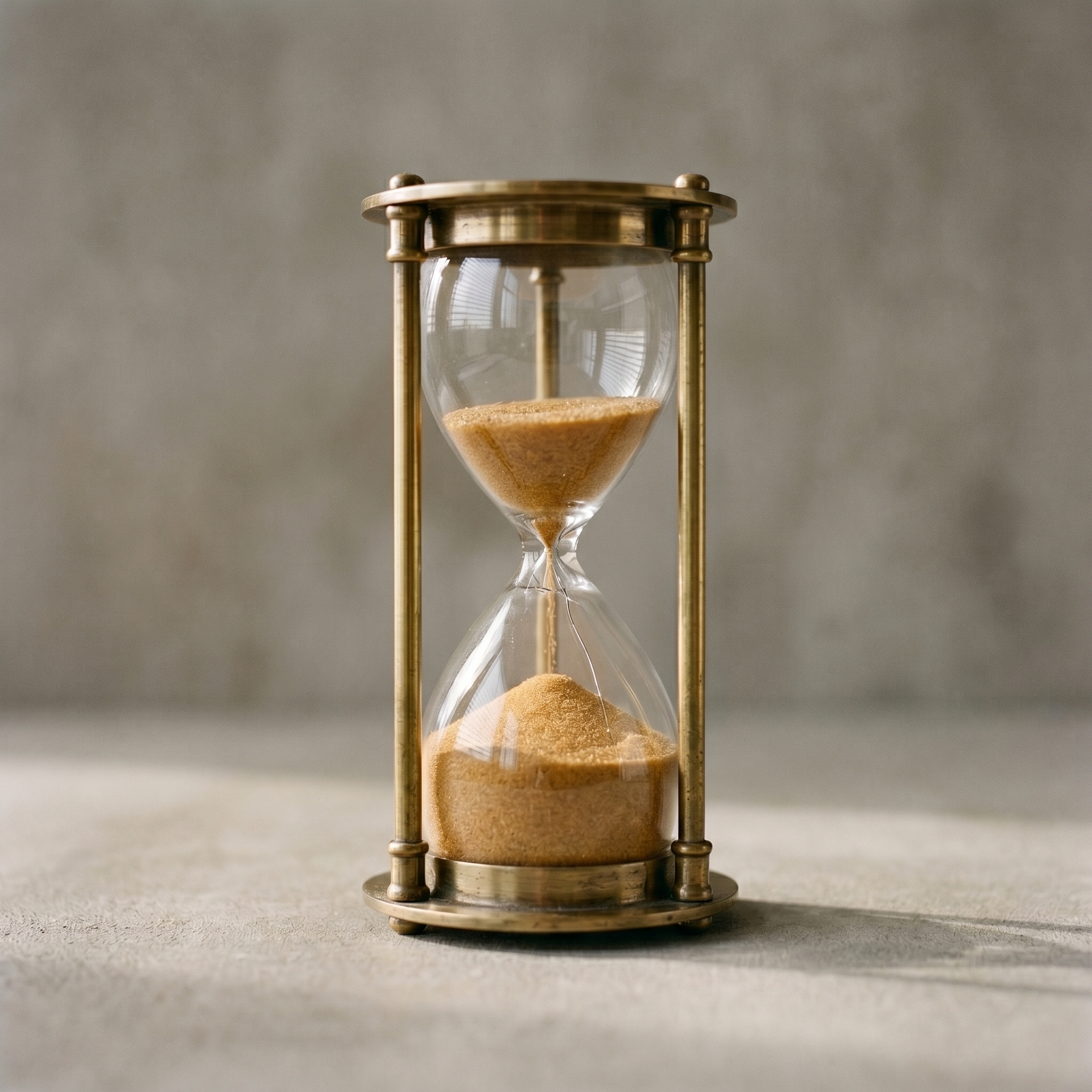 A cracked hourglass where the sand has distributed unequally — one bulb looks nearly empty while the other stays packed full, illustrating how the last 10% of a project takes the remaining 90% of the time.