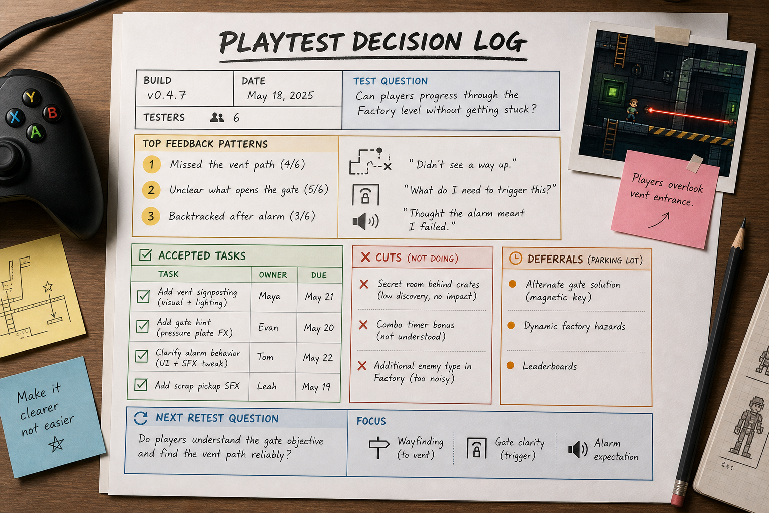A one-page playtest decision log showing the test question, top feedback patterns, accepted tasks, cuts, deferrals, and the next retest question.