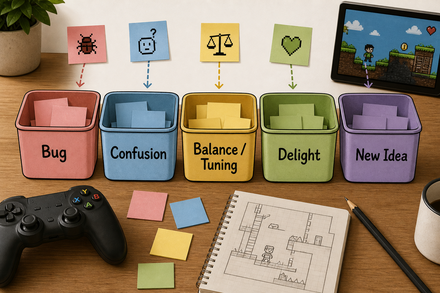 Five feedback buckets for playtest notes: bug, confusion, balance or tuning, delight, and new idea.
