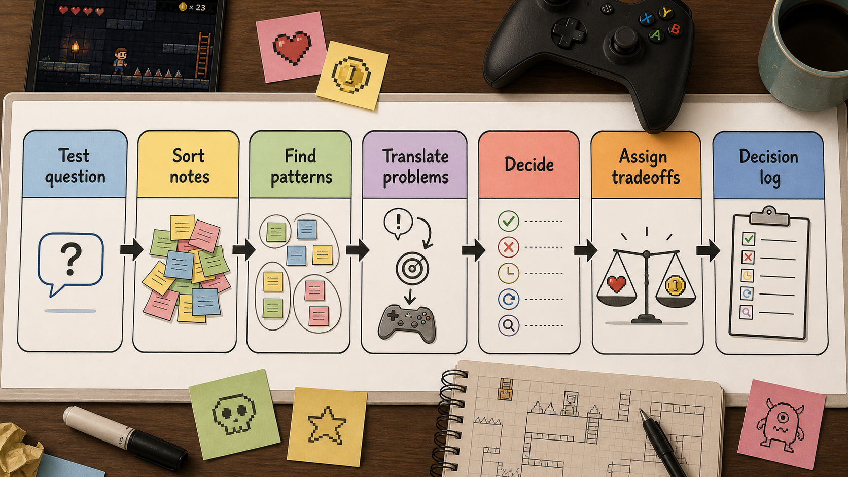 A 45-minute playtest feedback meeting agenda moving from test question to note sorting, pattern finding, decisions, tradeoffs, and decision log.