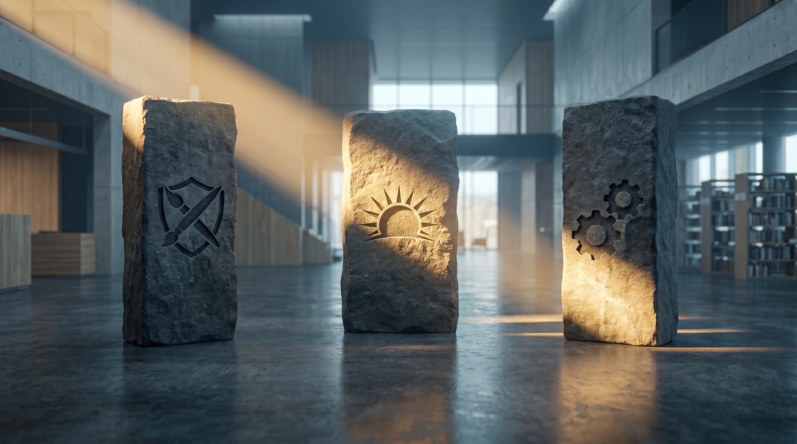 Three stone pillars standing on a polished floor, each carved with a different symbol: a shield with a paintbrush (retained rights), a rising sun (brought in early), and interlinked gears (shared tooling). Warm directional light connects all three.