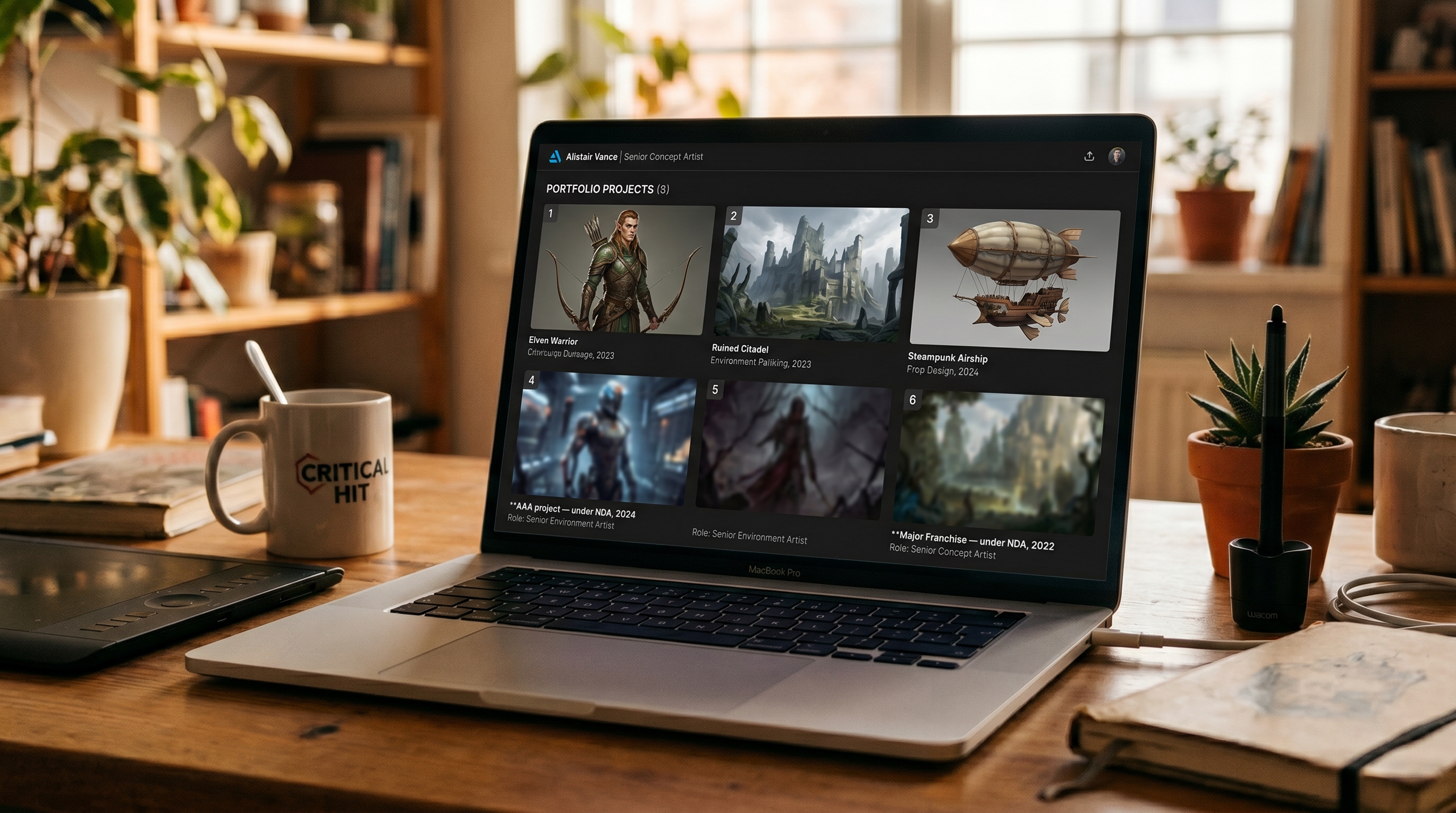 An ArtStation-style portfolio grid on a laptop screen, where three of six tiles show fully visible character art while the other three are partially redacted with thick black bars covering logos and recognizable IP — but the artist's rendering technique remains clearly visible.