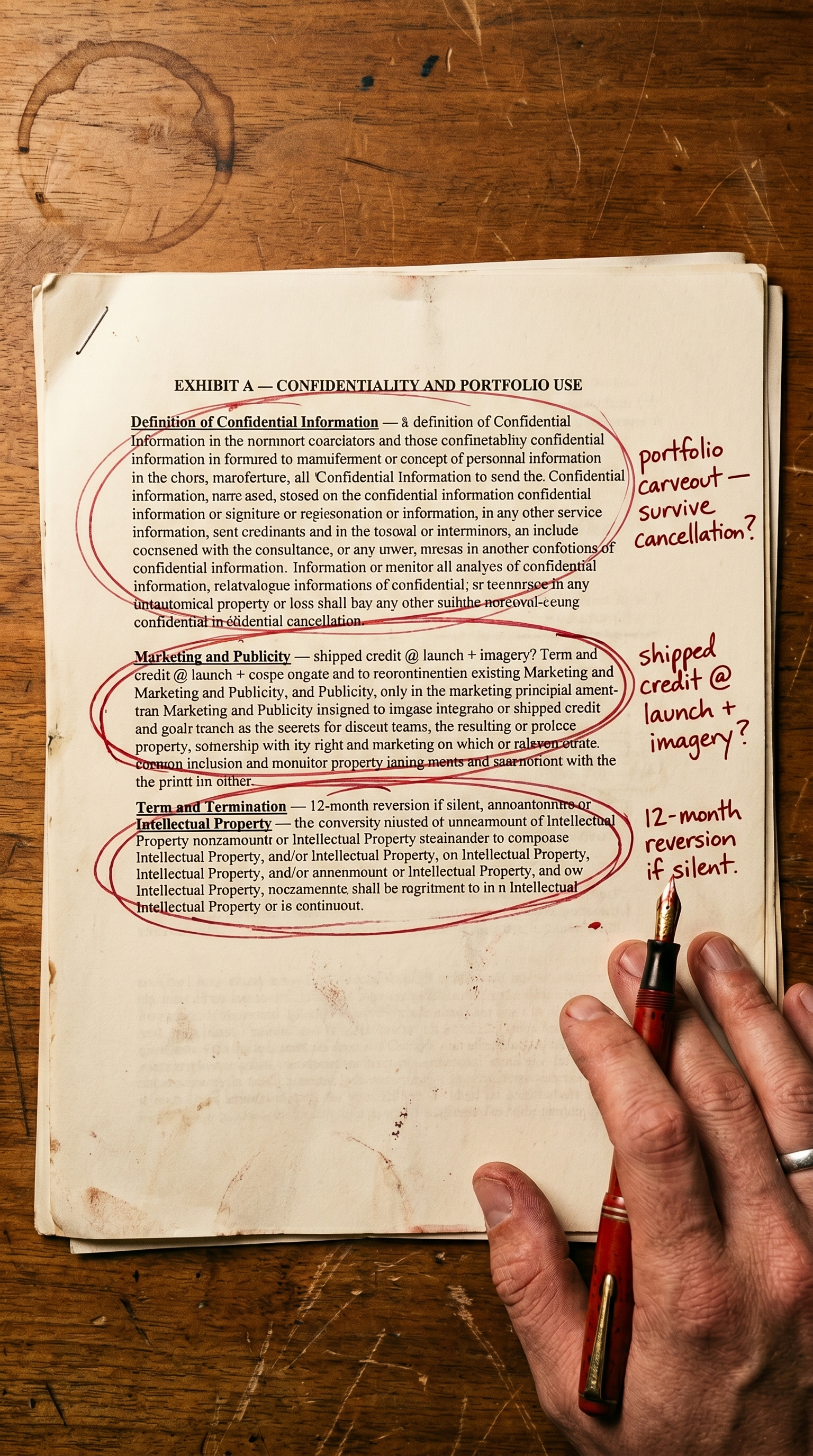 Overhead macro shot of a printed game-industry contract on a desk, with three paragraphs circled and annotated in red fountain pen: 'portfolio carveout,' 'shipped credit,' and 'reversion.' A hand pauses with the pen mid-mark.
