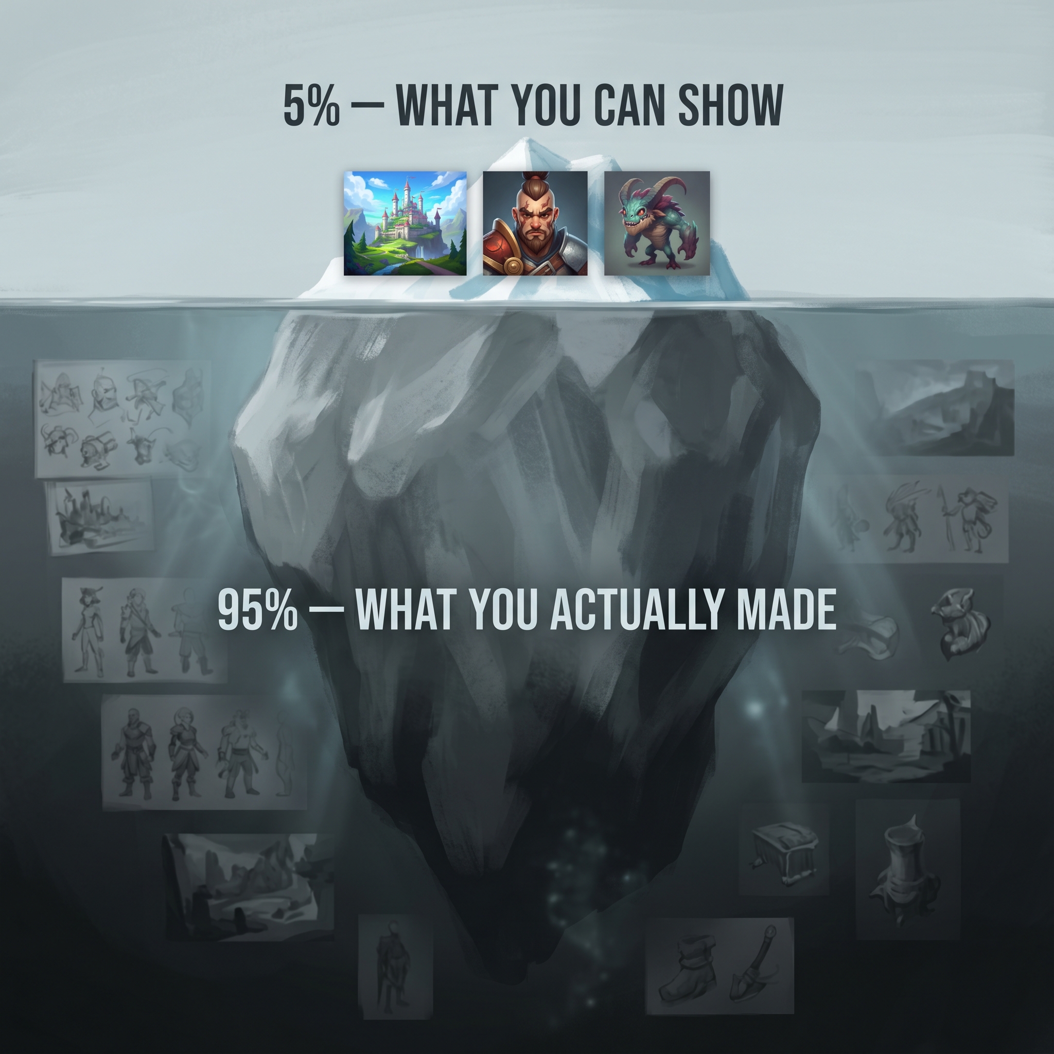 An iceberg diagram where the small visible tip (labeled 5%) shows vivid painted game art above the waterline, and the massive submerged bulk below (labeled 95%) shows grey, abstracted blurs of locked-away work.