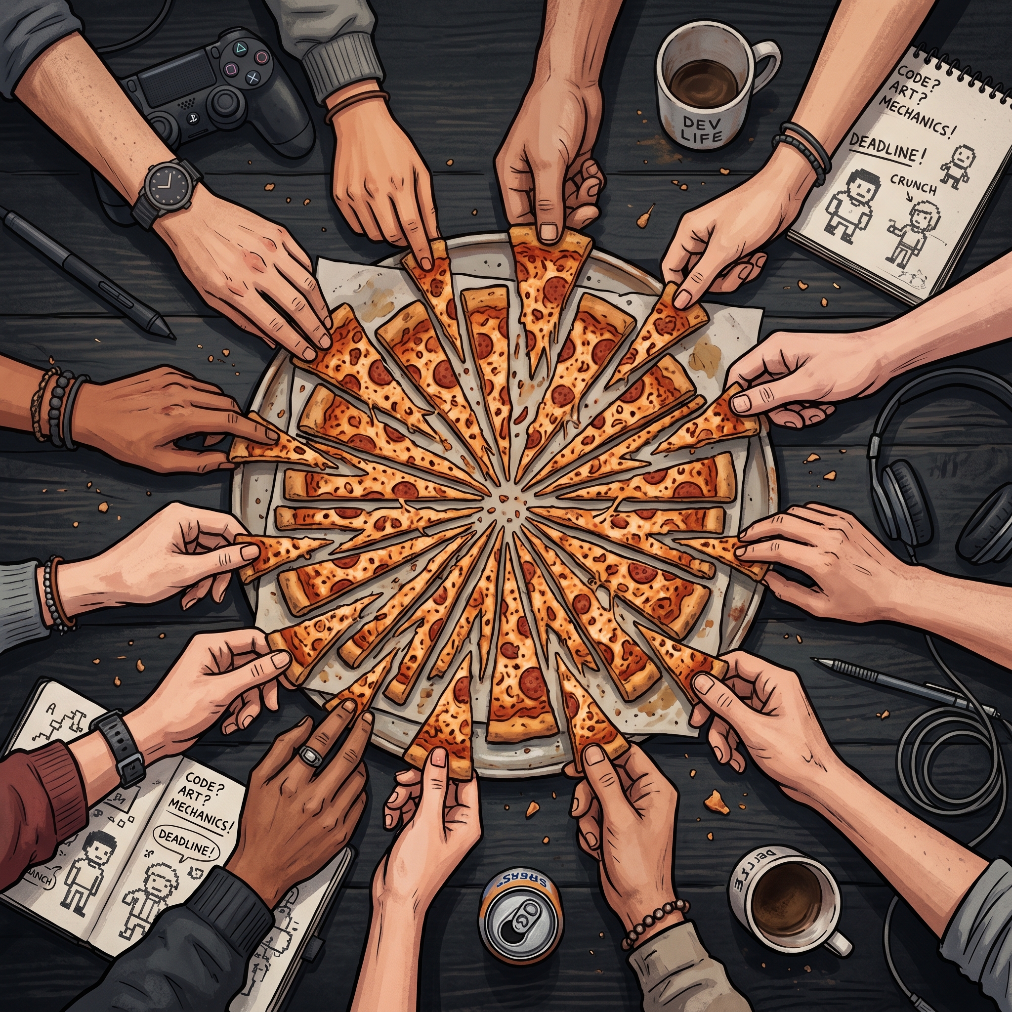 A pie cut into too many tiny slices illustrates how rev-share percentages become meaningless when too many unpaid contributors split uncertain revenue.