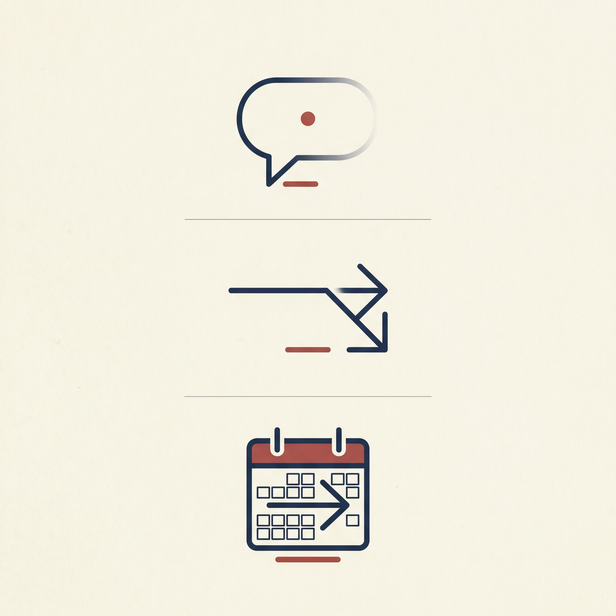 Three stacked warning symbols — a fading speech bubble, a bent arrow, and a calendar with an empty date field — representing the three pre-ghost signals to leave a project on.