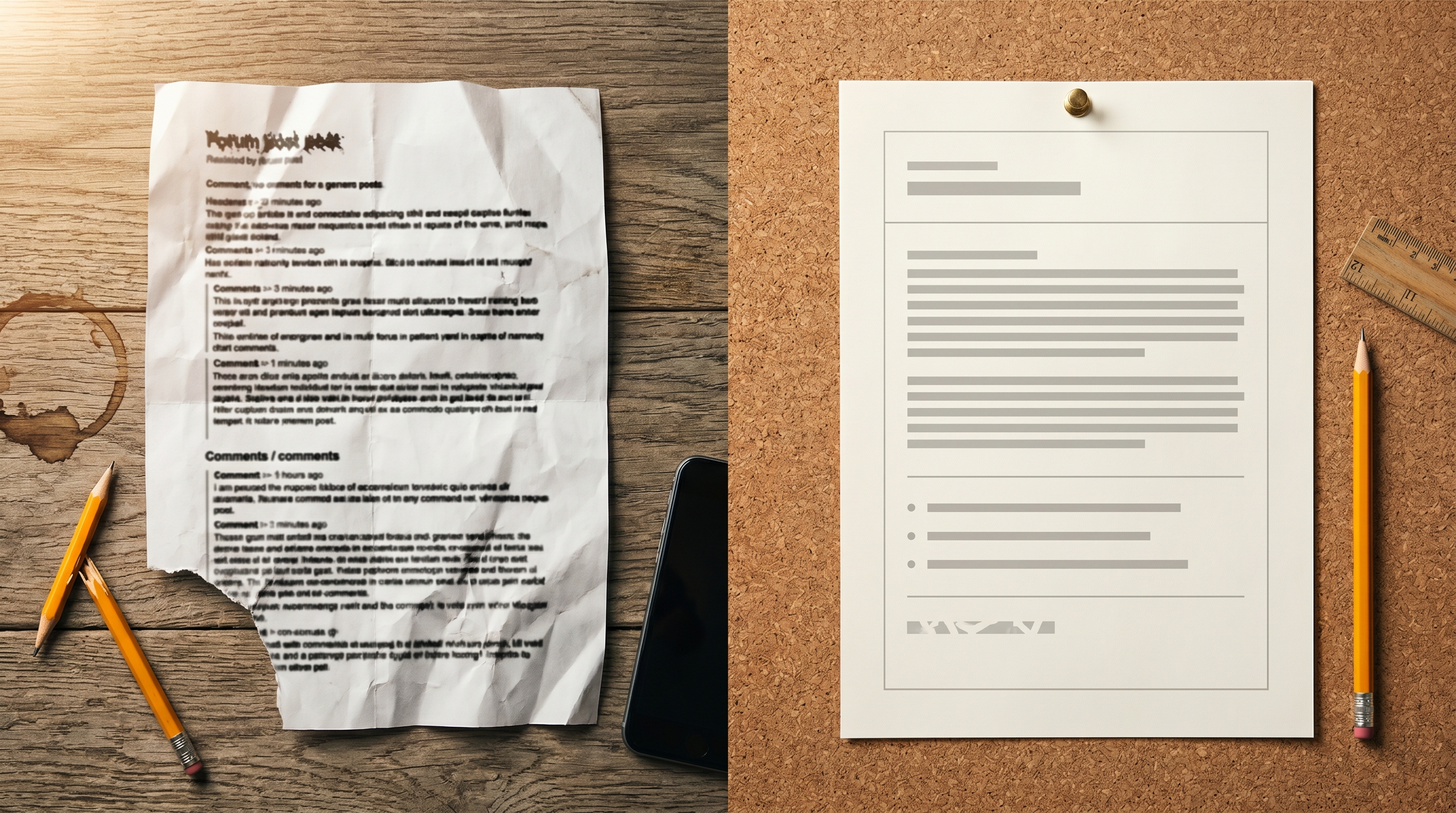 Overhead flat-lay split into a crumpled illegible forum post on the left and a crisp pinned forum post on the right, showing the rewrite from generic to specific.