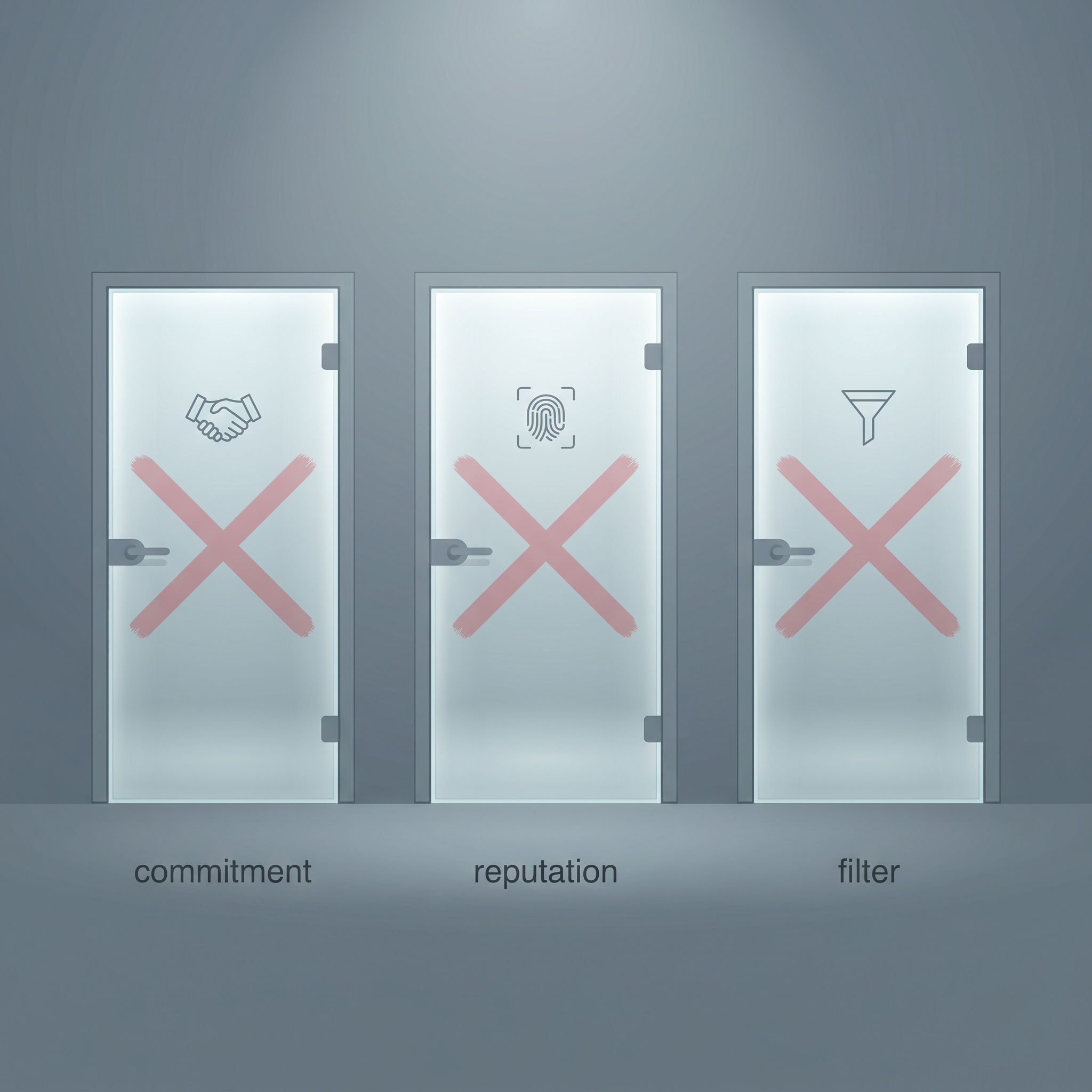 Three translucent glass doors labeled commitment, reputation, and filter, each crossed out, diagramming the three structural reasons r/INAT posts get ghosted.