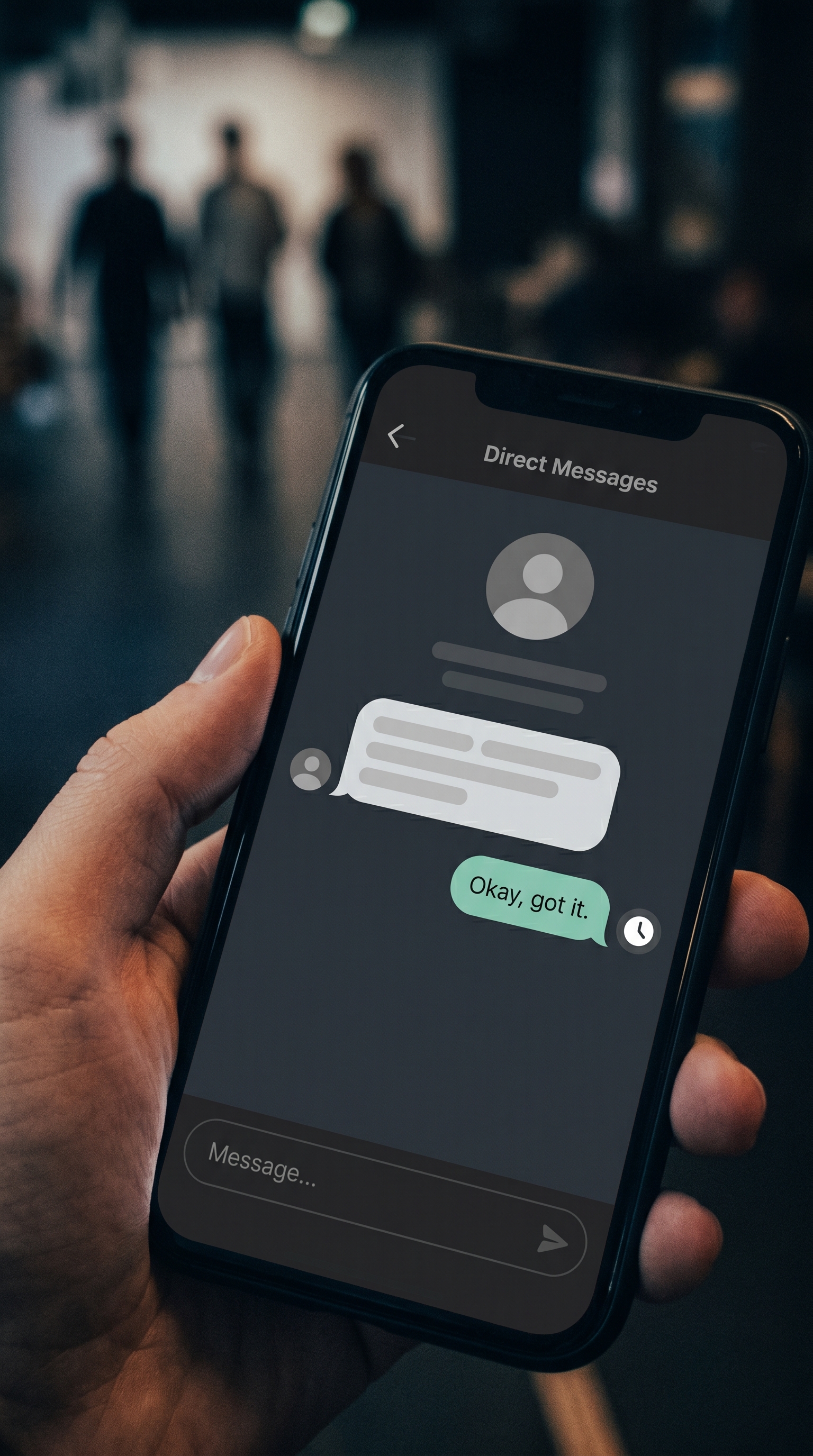 Vertical phone POV of a DM thread with a 15-minute trial task request highlighted, while blurred silhouettes of declined responders fade into the background.