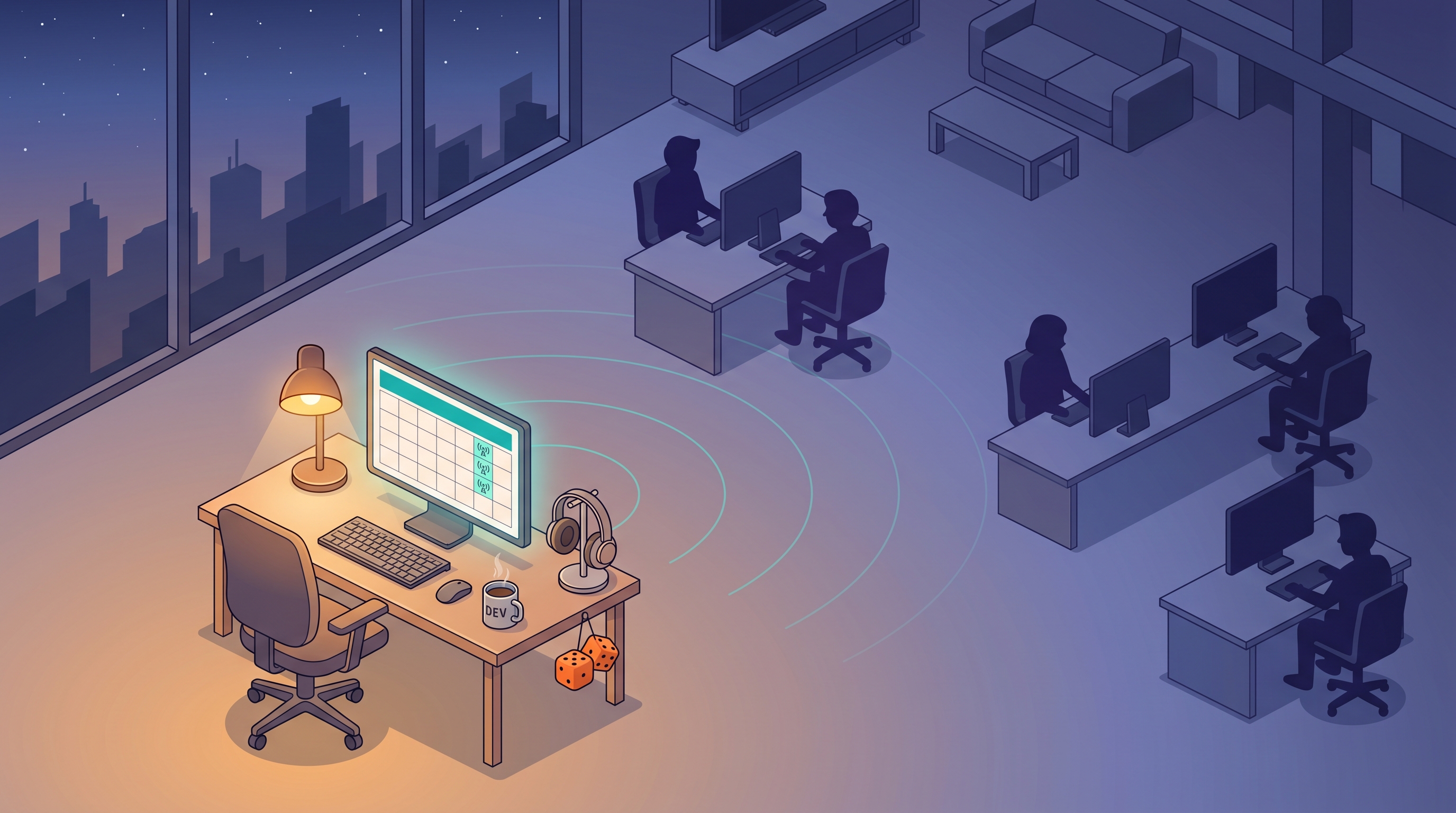 Isometric indie dev workspace with a calendar grid on the monitor; every Friday is marked with a broadcast icon radiating toward distant silhouettes of watching devs.