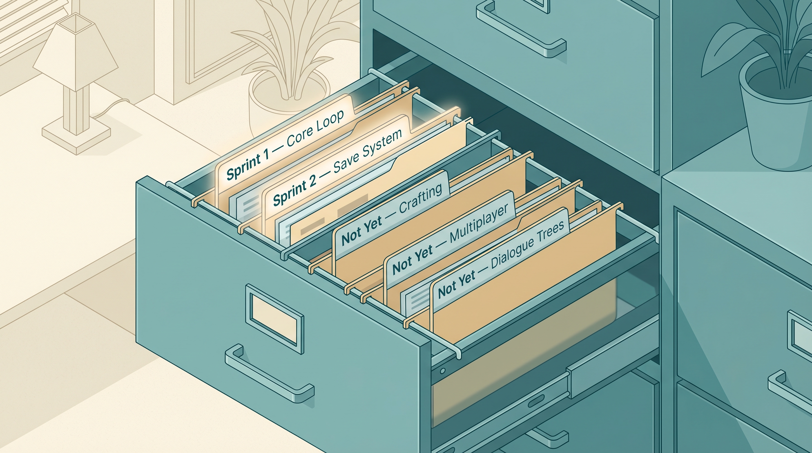 An isometric illustration of a filing cabinet drawer showing organized folders — 'Sprint 1' and 'Sprint 2' labeled as in-progress, and multiple 'Not Yet' folders waiting patiently — illustrating a backlog that captures cut features without discarding them.