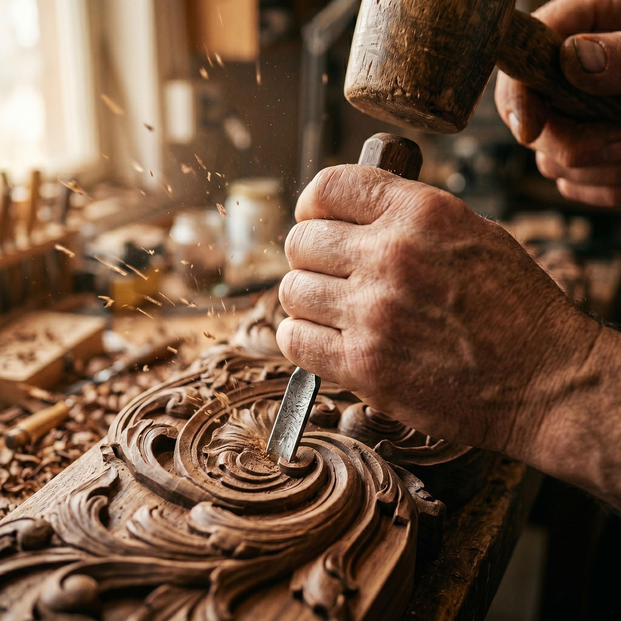 A sculptor's hands raising a chisel to cut away the most intricate, carefully carved part of their own sculpture — representing the painful act of cutting the feature you worked hardest on.