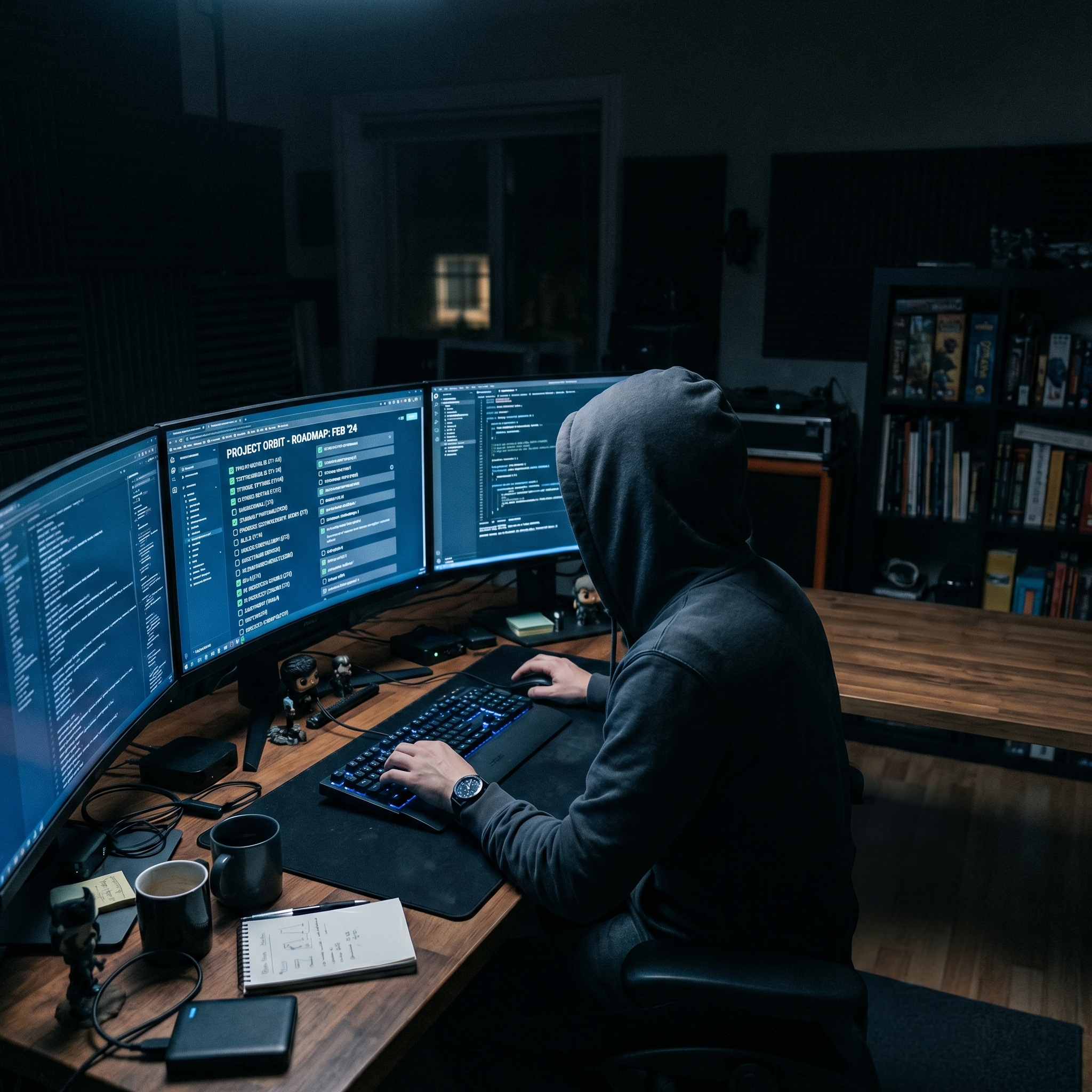 A solo developer at night, back to the camera, working alone in front of glowing monitors full of feature lists, with an empty second chair beside them suggesting nobody is checking their work.