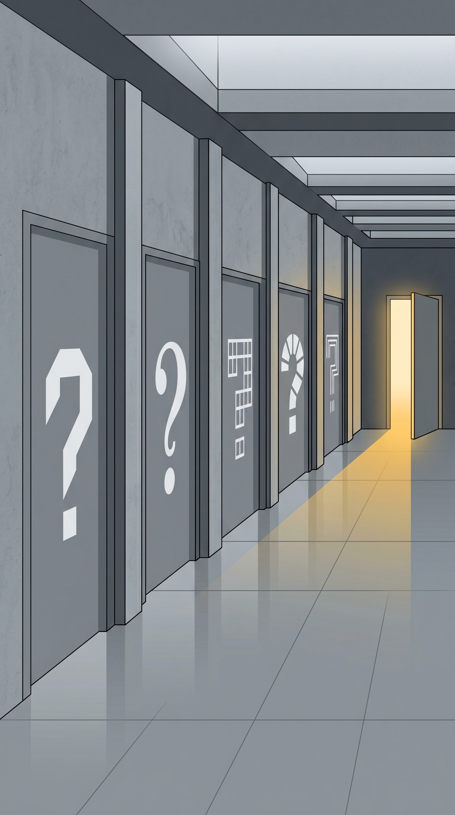 An illustrated corridor with five numbered question-mark doors in a row, one at the end cracked open with light coming through — representing five decision questions that filter which features survive.