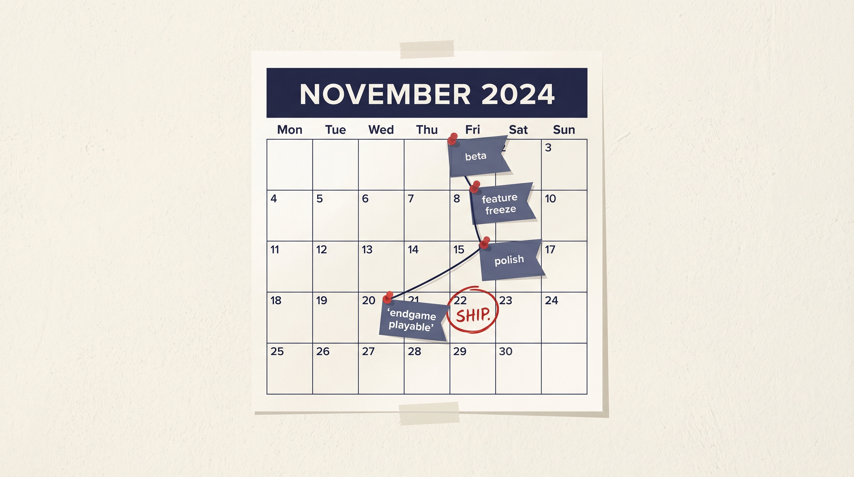 A wall calendar with a ship date circled in red and backward-planned milestone flags pinned from that date toward the present — illustrating the deadline-first, cut-backward planning method.
