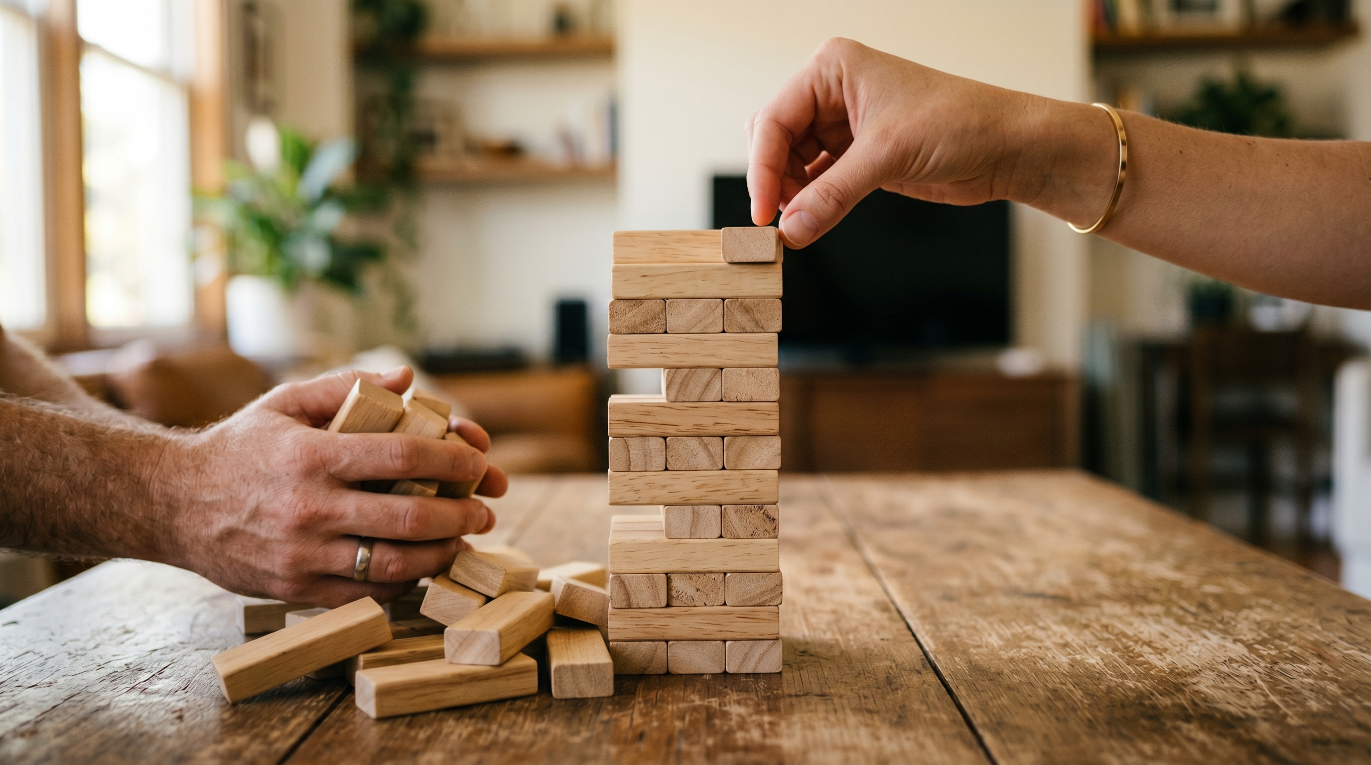A wooden block tower being built, with one hand deliberately placing a single block while another hand shoves a chaotic handful of extra blocks at it from the side — illustrating purposeful iteration versus unchecked scope creep.
