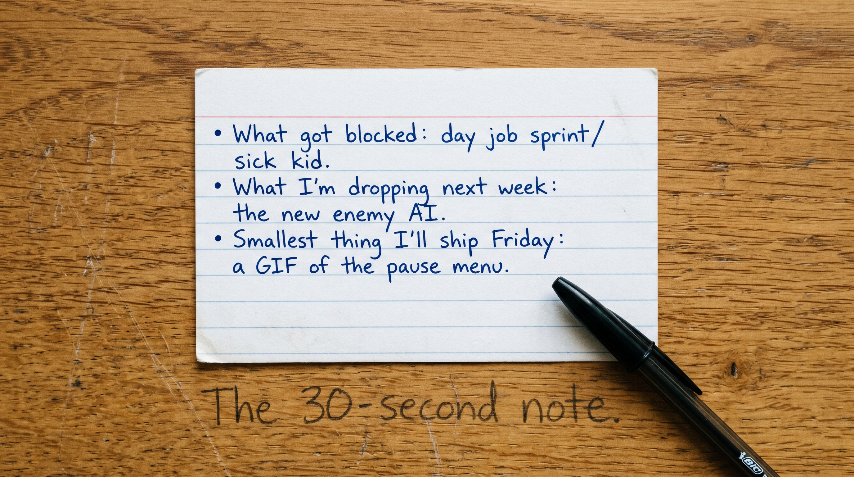 A single index card with three handwritten lines: 'What got blocked', 'What I'm dropping from next week', and 'Smallest thing I'll ship Friday' — labelled 'The 30-second note.'
