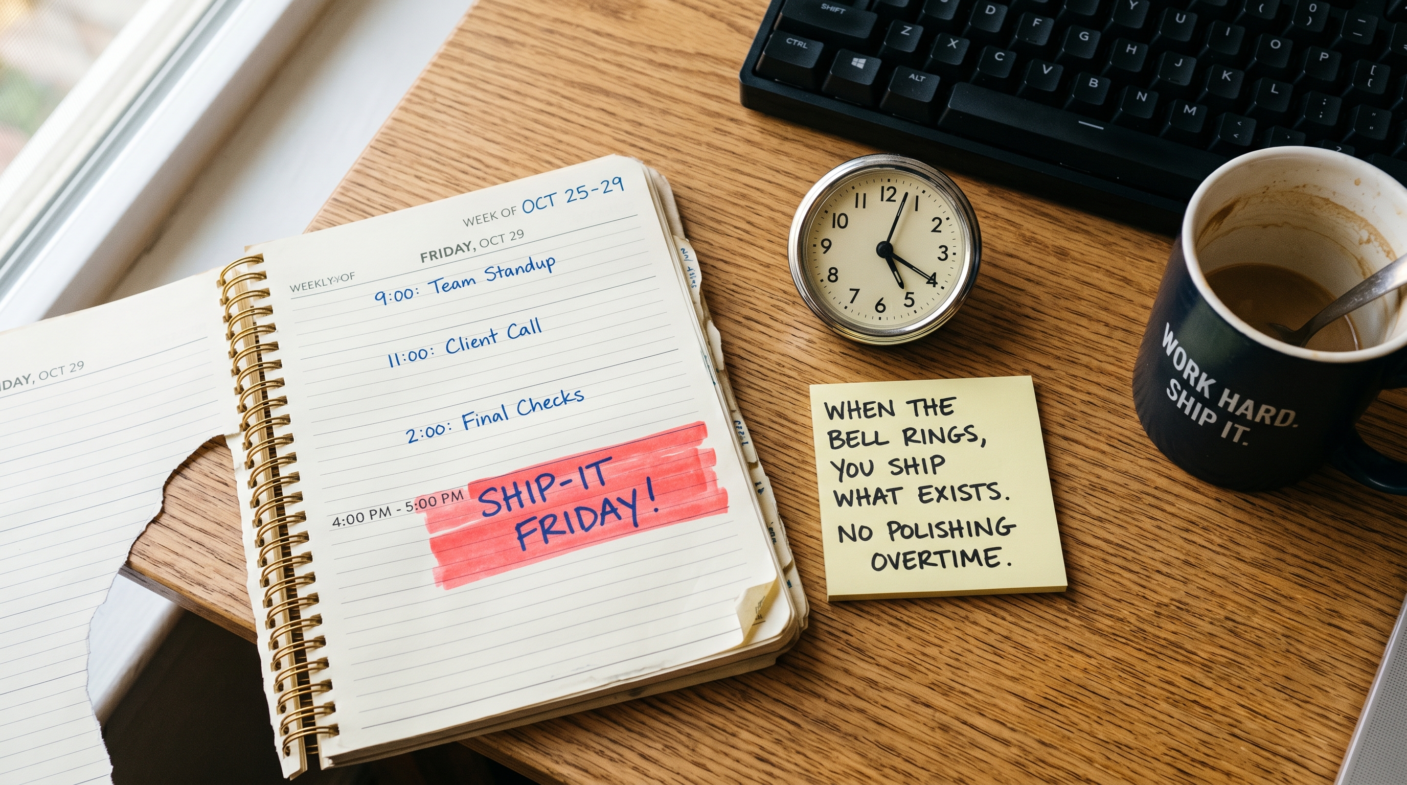 A Friday calendar block from 4 to 5pm is highlighted in red, next to a sticky note reading: 'When the bell rings, you ship what exists. No polishing overtime.'