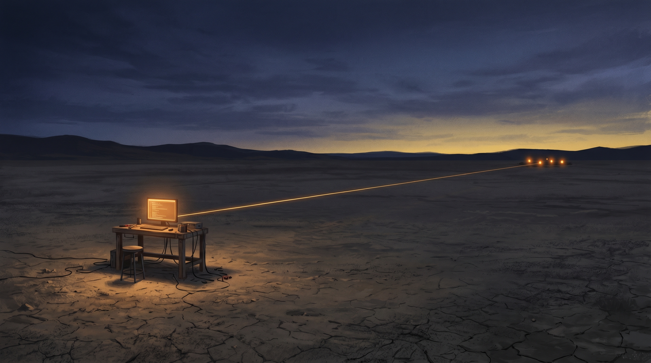 A single bright thread connects a lone workbench to a small circle of distant lights on the horizon, illustrating that shipping a game solo requires external connection and accountability, not isolation.