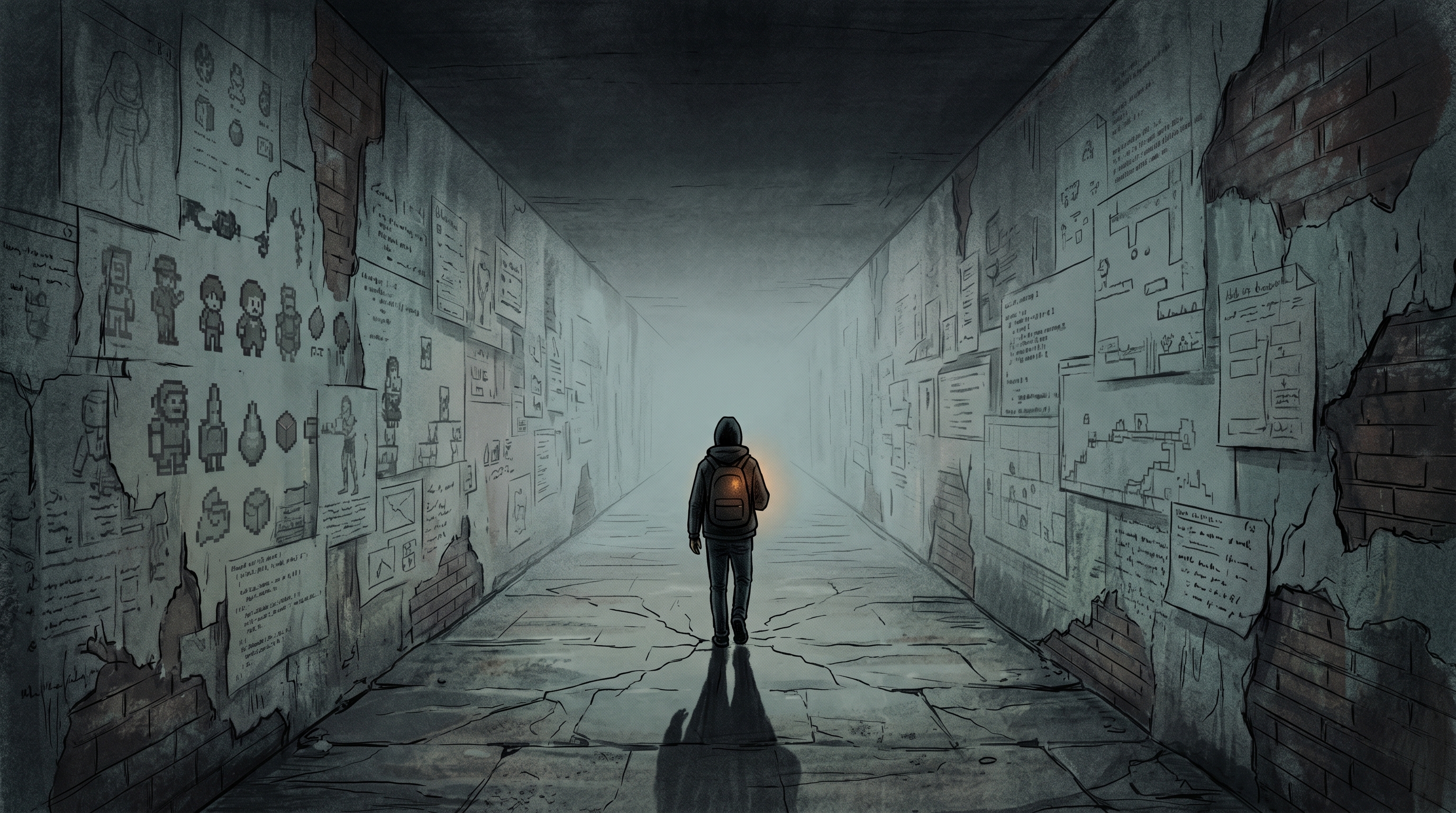 A single figure walking a long, empty corridor that stretches into fog, illustrating the isolation and structural loneliness of solo game development over time.