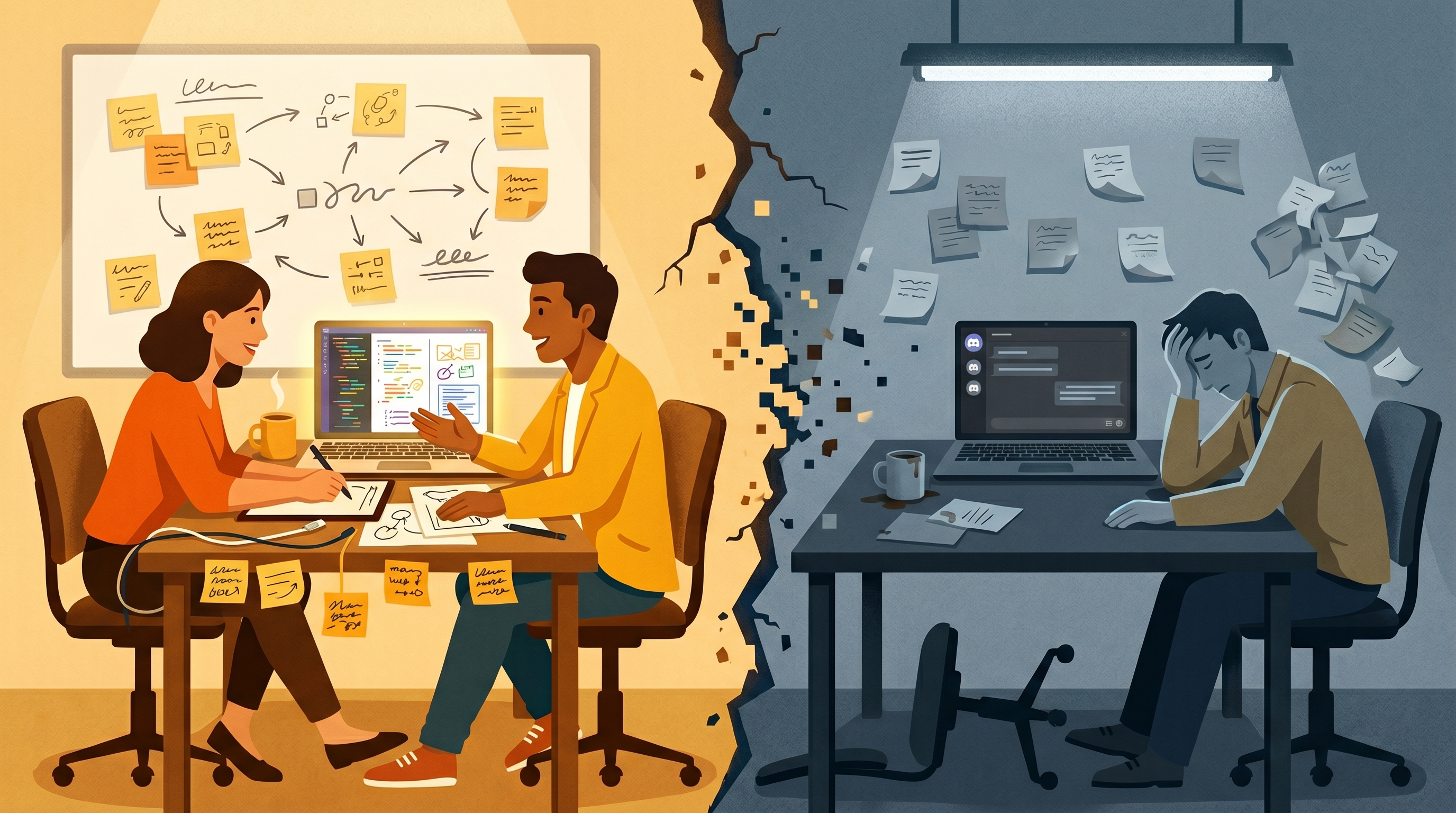 Illustration conveying the gap between the promise and reality of indie game teams — collaborative potential undermined by flaking, ghosting, and uneven commitment.