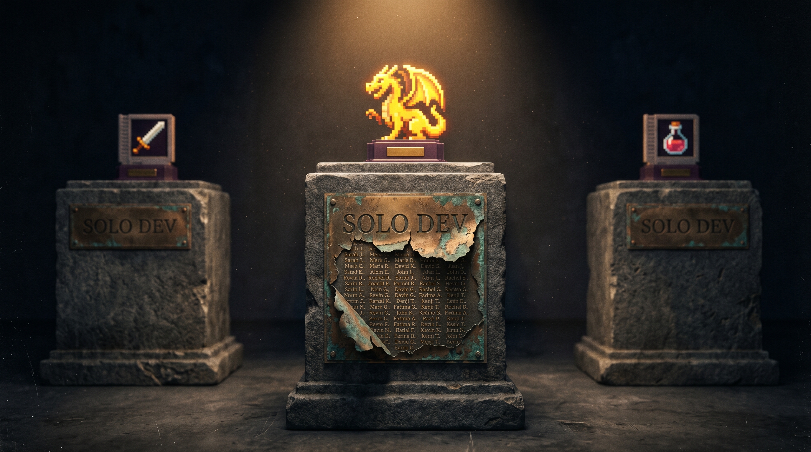 Three pedestals displaying famous indie games are shown up close, but their bronze plaques are cracked and the 'solo dev' labels are peeling away to reveal longer contributor credit lists underneath, challenging the myth of the lone genius developer.