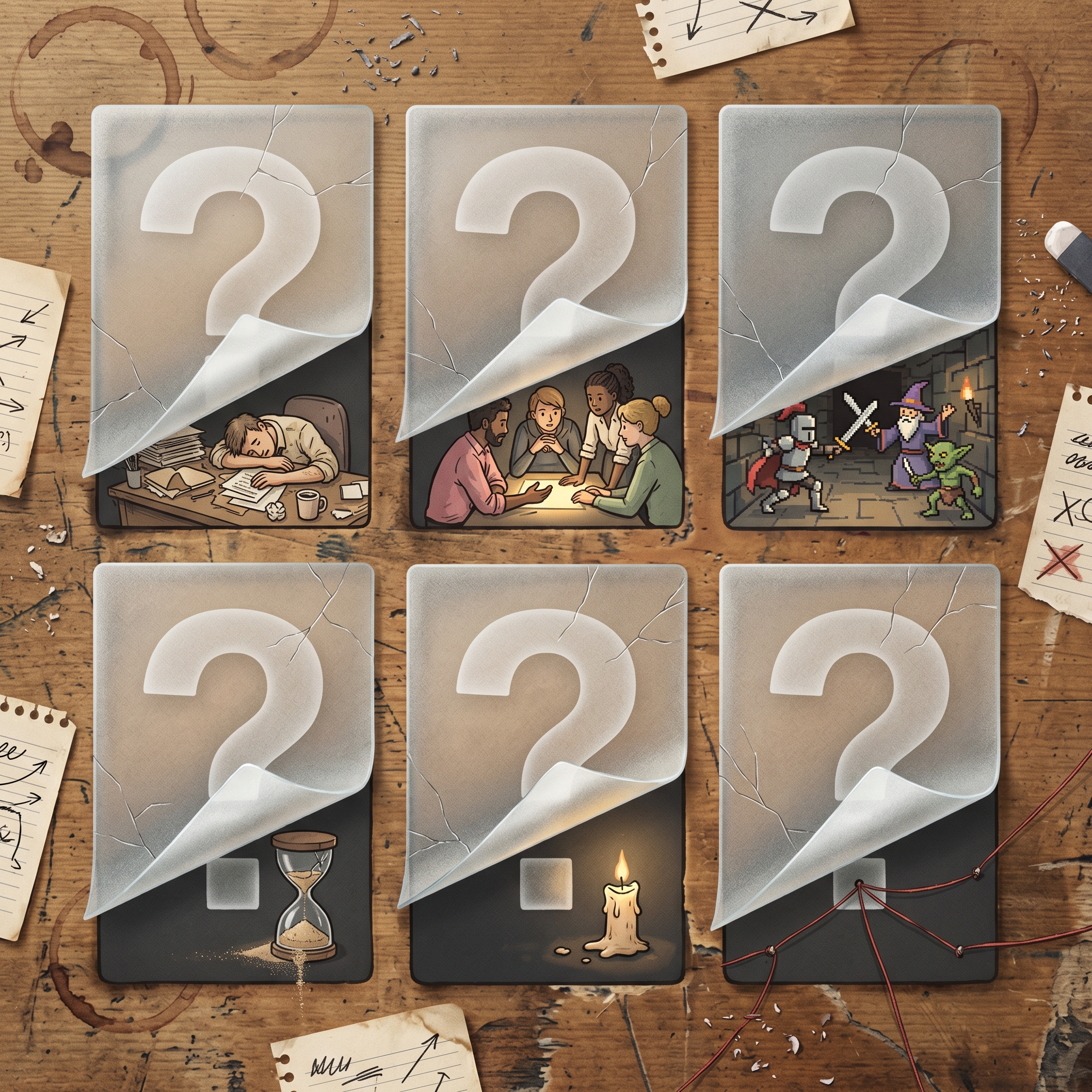 A grid of six question marks rendered as physical objects, each revealing a different answer underneath — visualizing common myths and misconceptions about solo game development being unpacked.