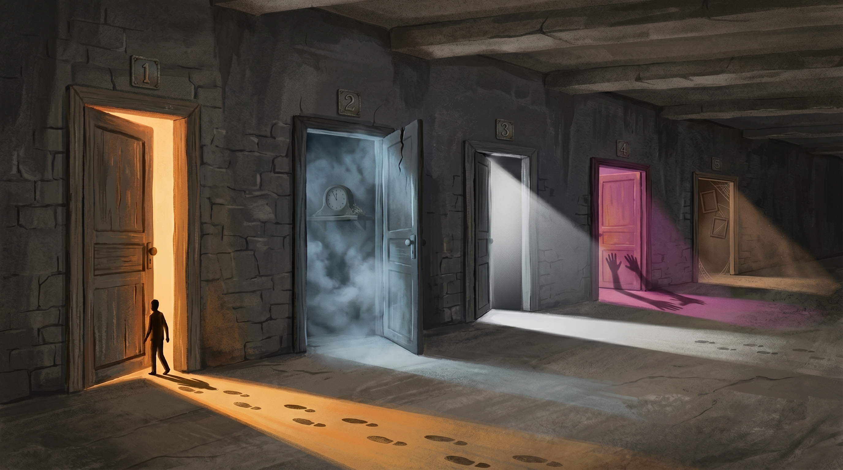 Five doors in a row, each slightly ajar with different light spilling out, representing the five key questions a developer should answer to choose between solo and team paths.