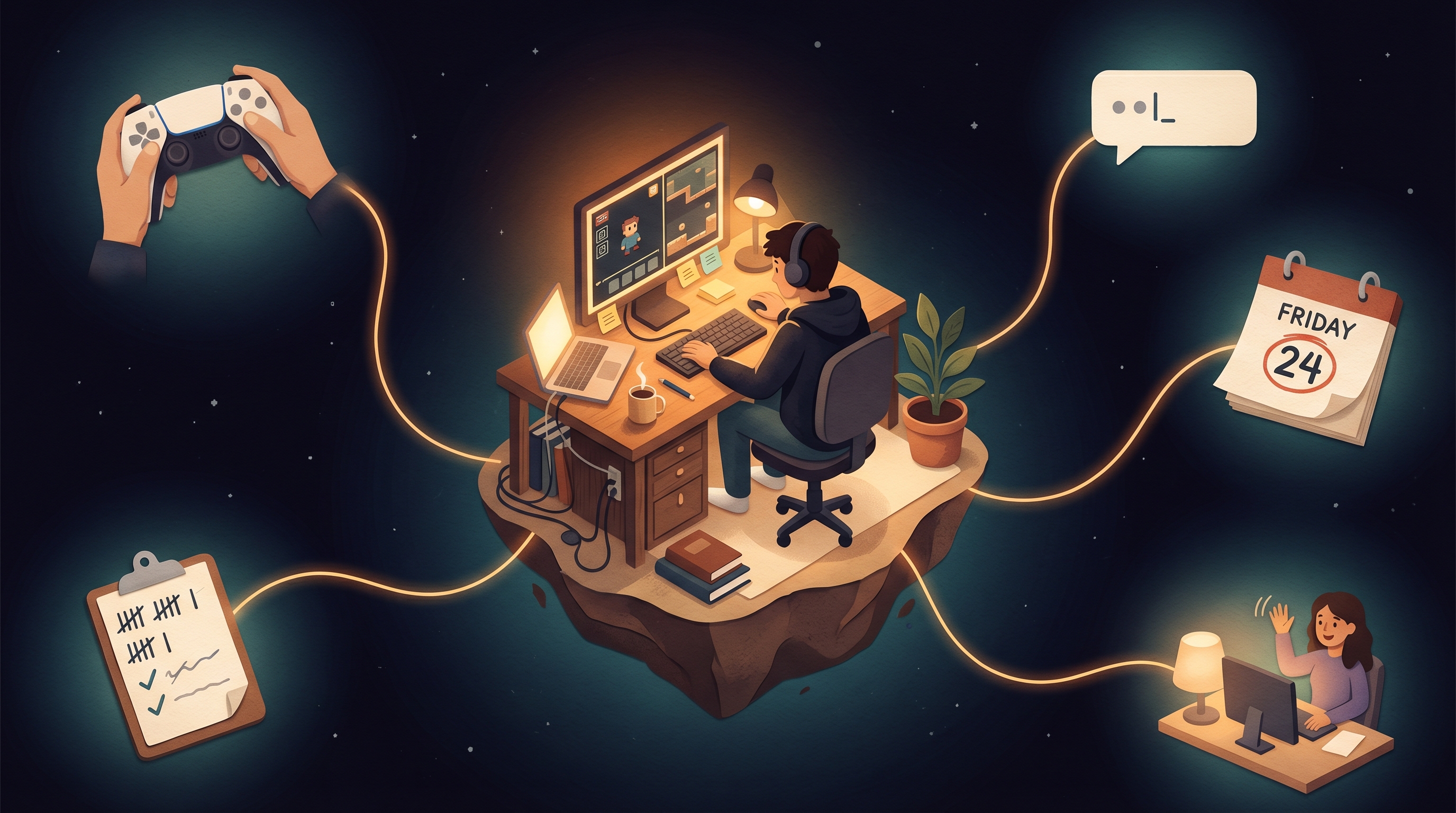 A solo figure works at a small workstation that is connected by glowing threads to distant figures around the edges of the frame, illustrating the concept of working solo but within a supportive structure.