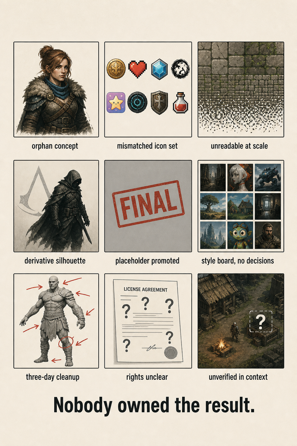 A 3-by-3 grid of nine small labeled icon cards showing common ways generated game art fails the Clowdr bar. Beneath the grid, a single bold line reads: Nobody owned the result.