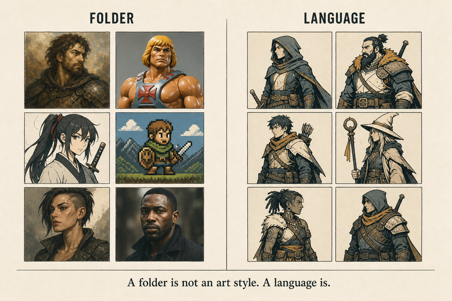 Side-by-side diagram. Left column labeled FOLDER shows six mismatched character thumbnails in clashing styles. Right column labeled LANGUAGE shows six thumbnails united by shared silhouette weight, palette, and line treatment.