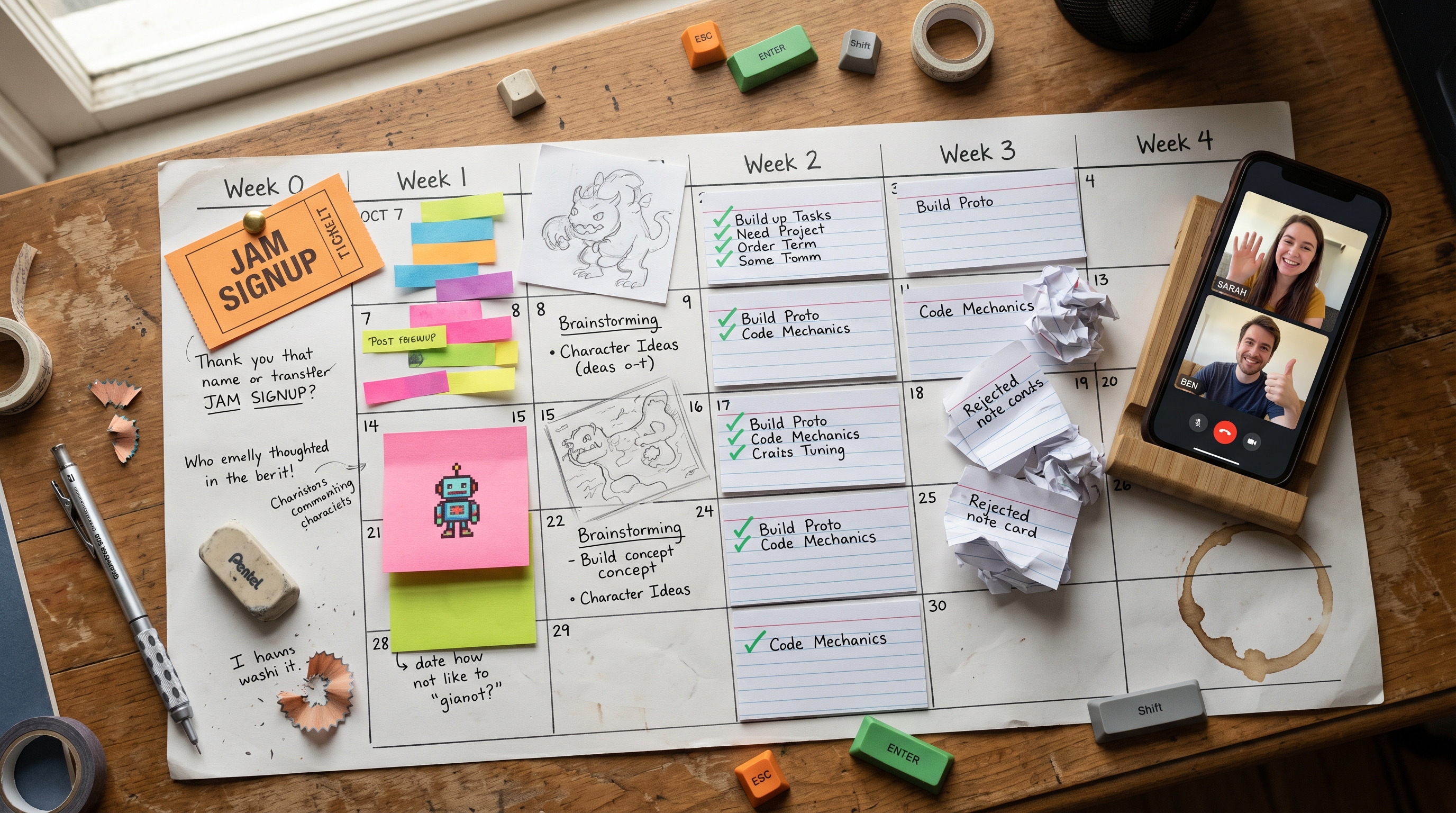 A calendar page showing four weeks with growing sticky notes and check marks, culminating in a handshake over a small finished game.
