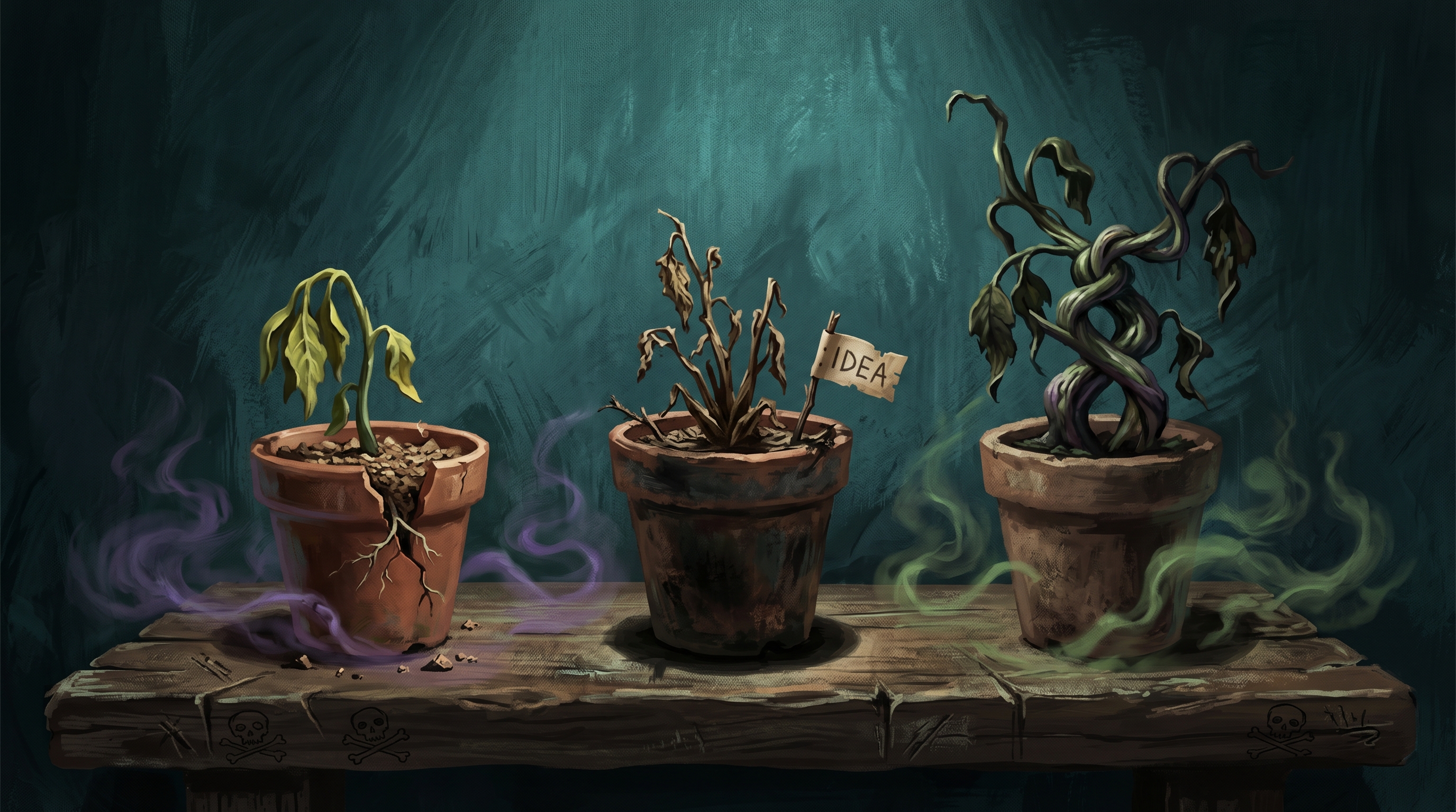 Three wilting potted plants labeled with common teammate-search mistakes, arranged on a shelf against a dark background, visualizing how bad habits kill indie game collaborations before they start.