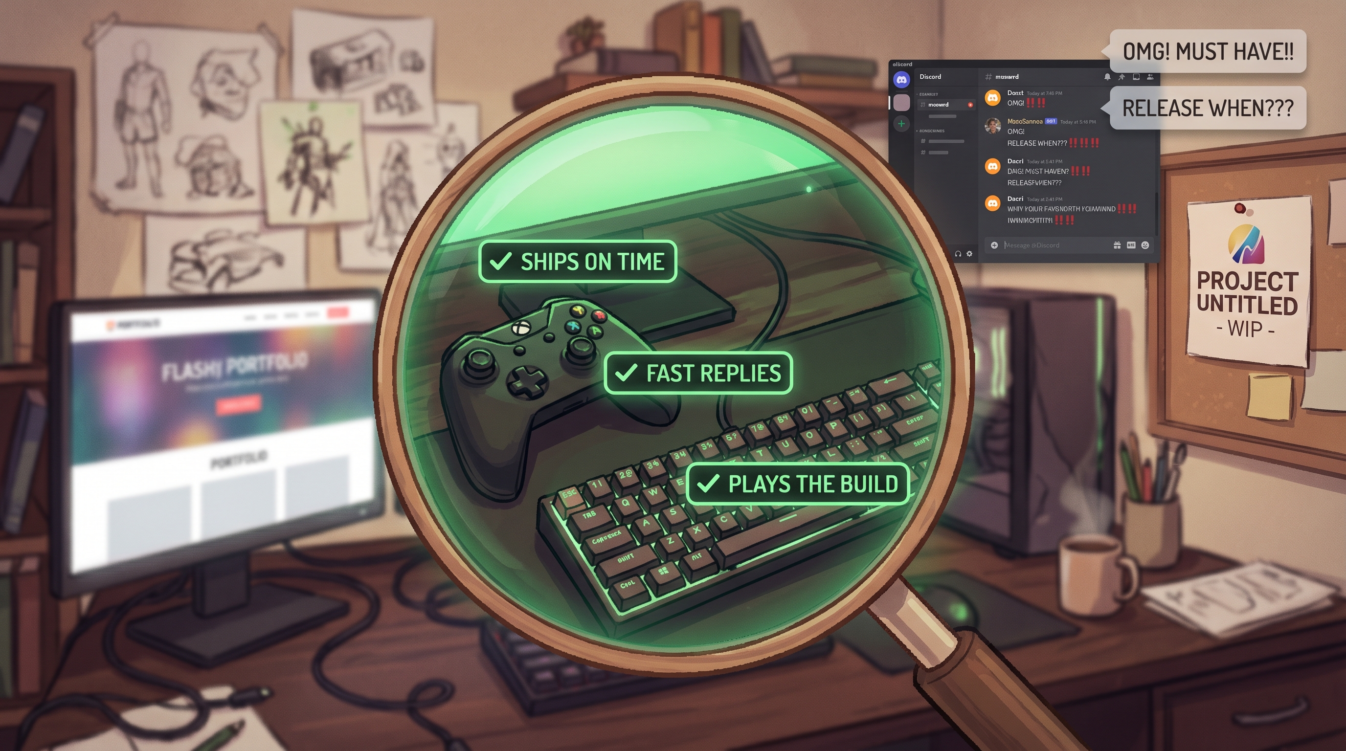 A magnifying glass held over a game controller reveals glowing green signal indicators like response time, shipping history, and investment level, while surface-level traits like flashy logos and big vision statements appear faded and out of focus behind it.