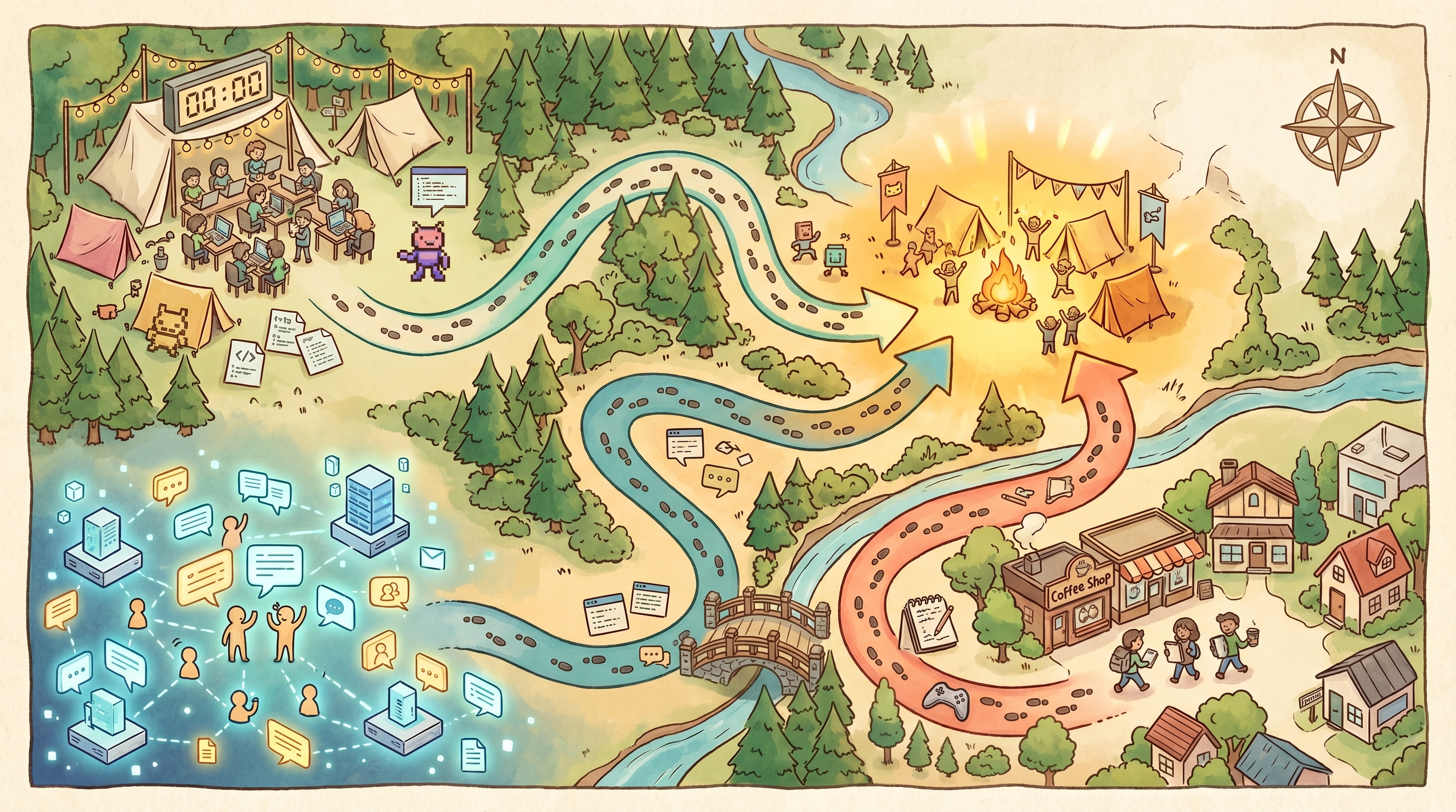 Three distinct pathways converge toward a glowing beacon, each path populated by small figures carrying game-related tools, representing game jams, online communities, and personal networks as sources for finding teammates.