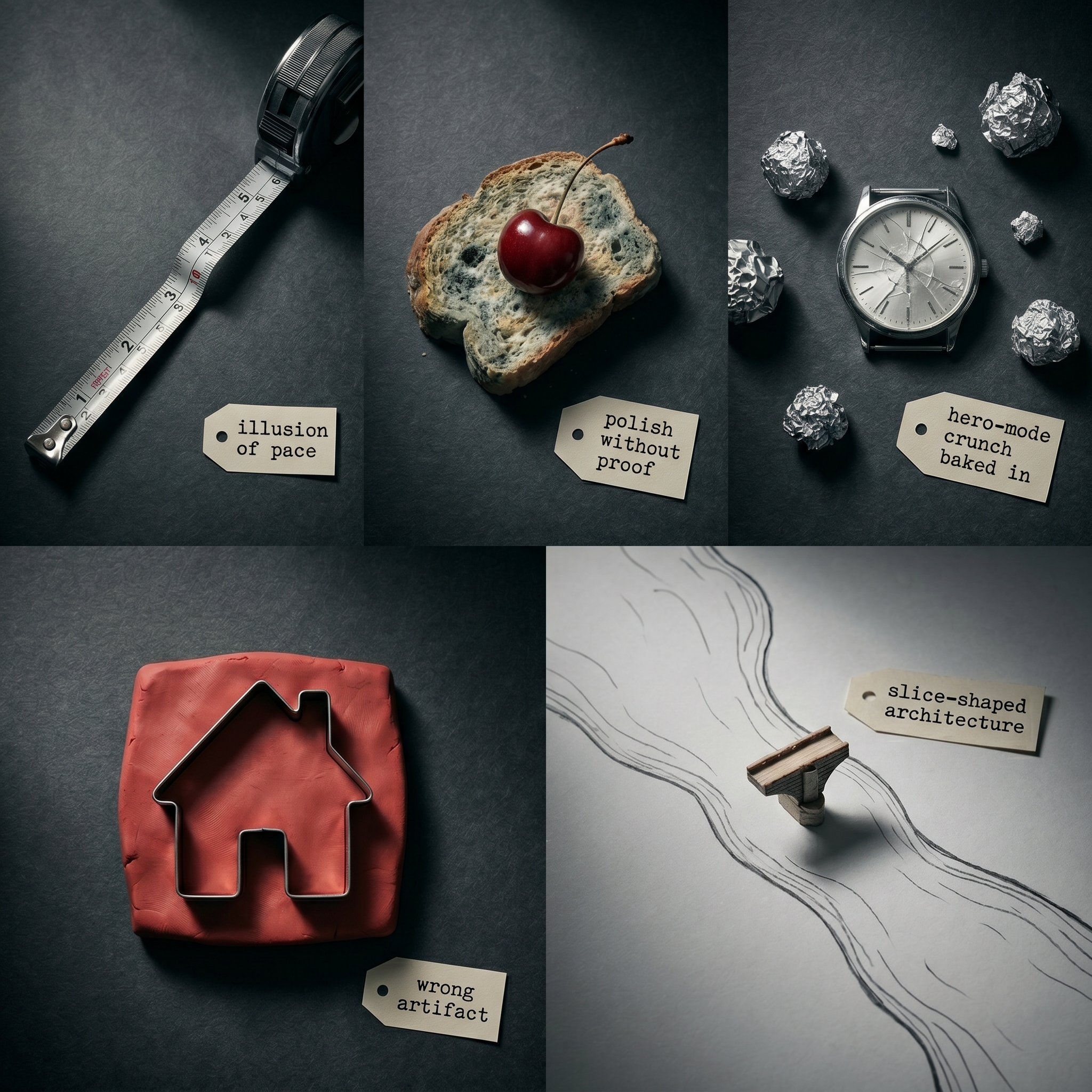 Overhead still life of five broken or warped everyday objects arranged in a grid on a dark surface — each object a visual metaphor for one vertical-slice failure mode.