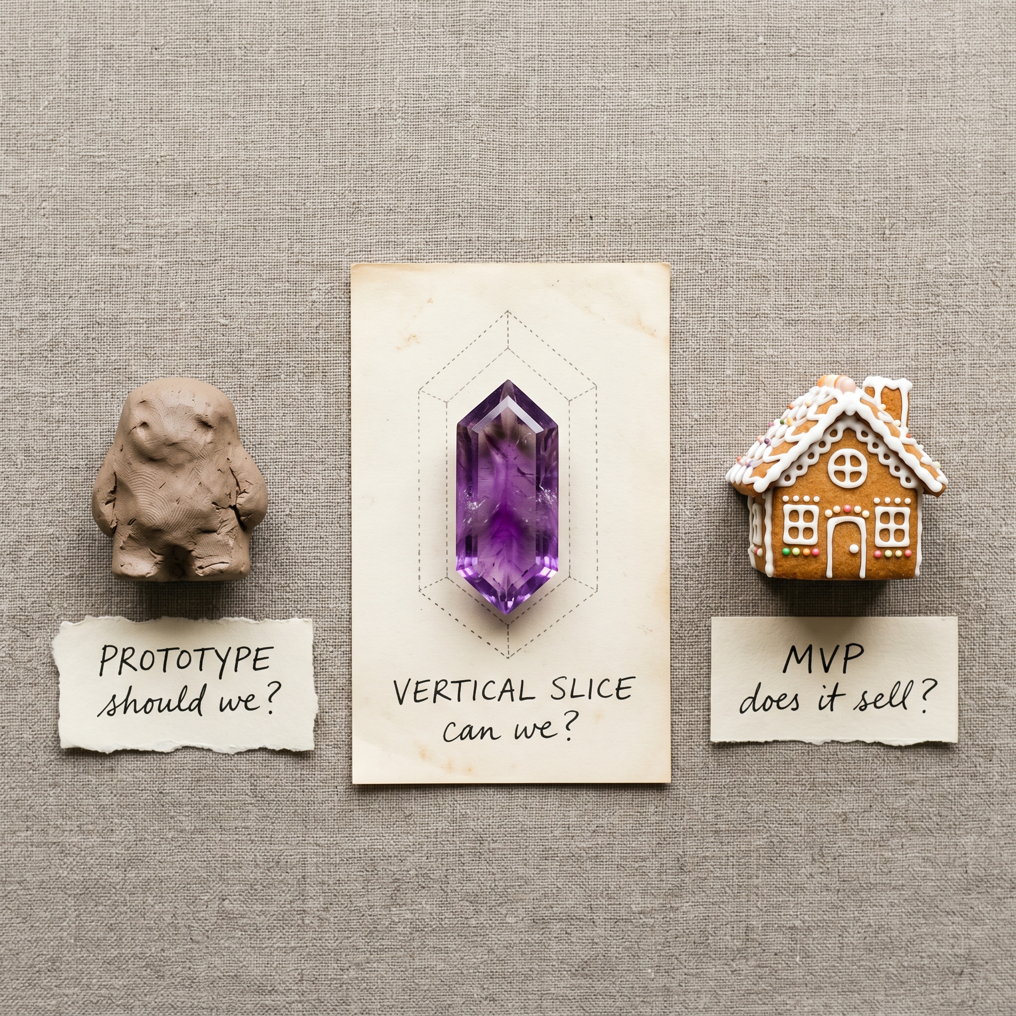 Three objects arranged overhead on a neutral surface — a rough clay maquette, a single polished gem-wedge cut from a larger gem, and a tiny complete gingerbread house — each labeled as prototype, vertical slice, and MVP.
