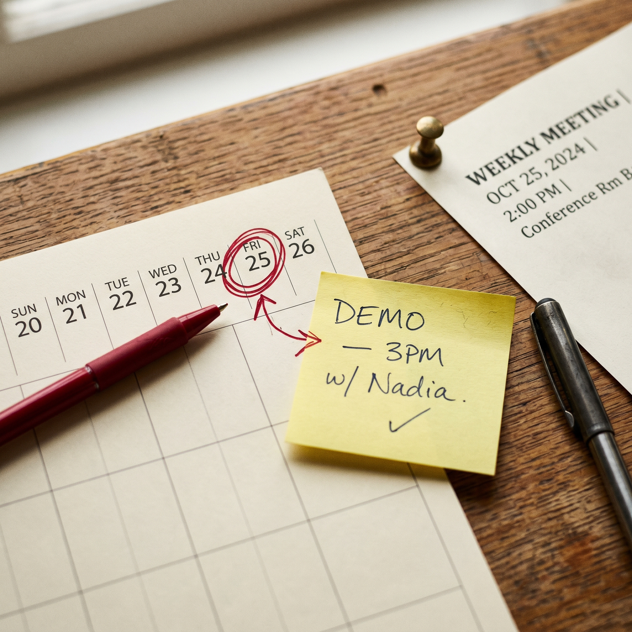 Close-up macro photo of a desk calendar page with a Friday date circled in red ink, a handwritten sticky note reading 'DEMO — 3PM w/ Nadia,' and a small calendar invite printout pinned nearby.