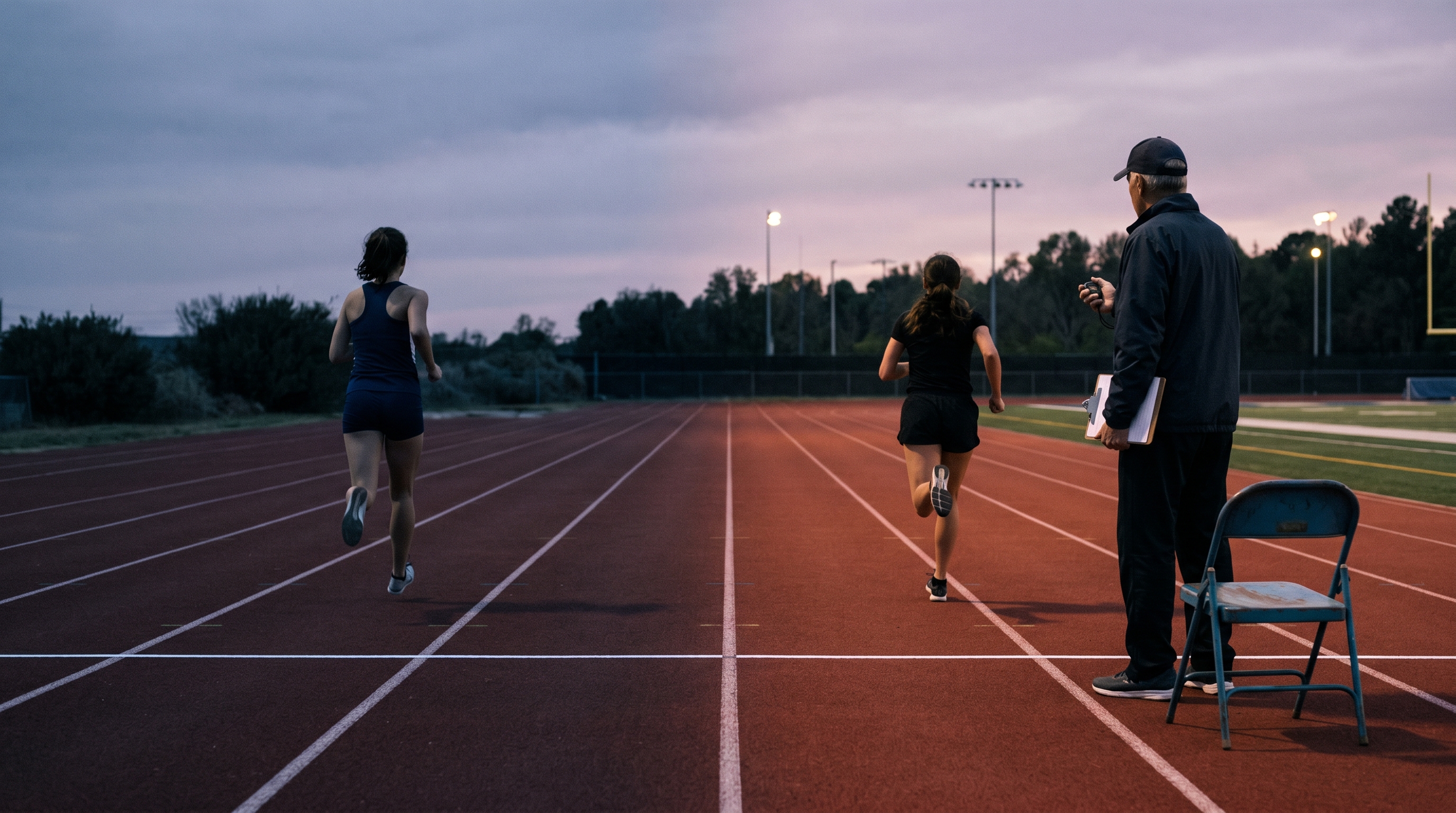 Wide environmental shot: on the left side of a dim running track, a solo runner jogs alone with no one at the finish line; on the right, a second runner approaches the same finish line where a coach stands holding a stopwatch and a clipboard, visibly waiting.